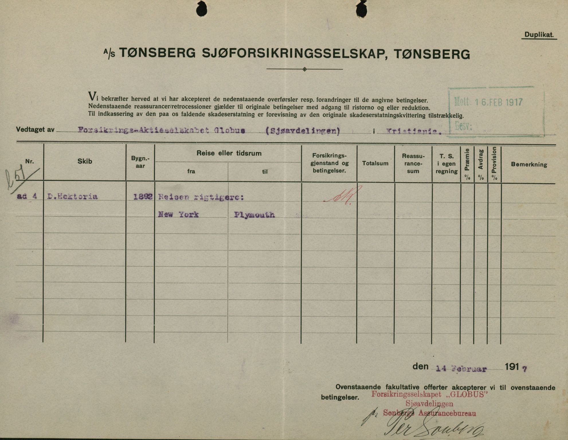 Pa 664 - Tønsberg Sjøforsikringsselskap, VEMU/A-1773/F/L0001: Forsikringspoliser, 1915-1918