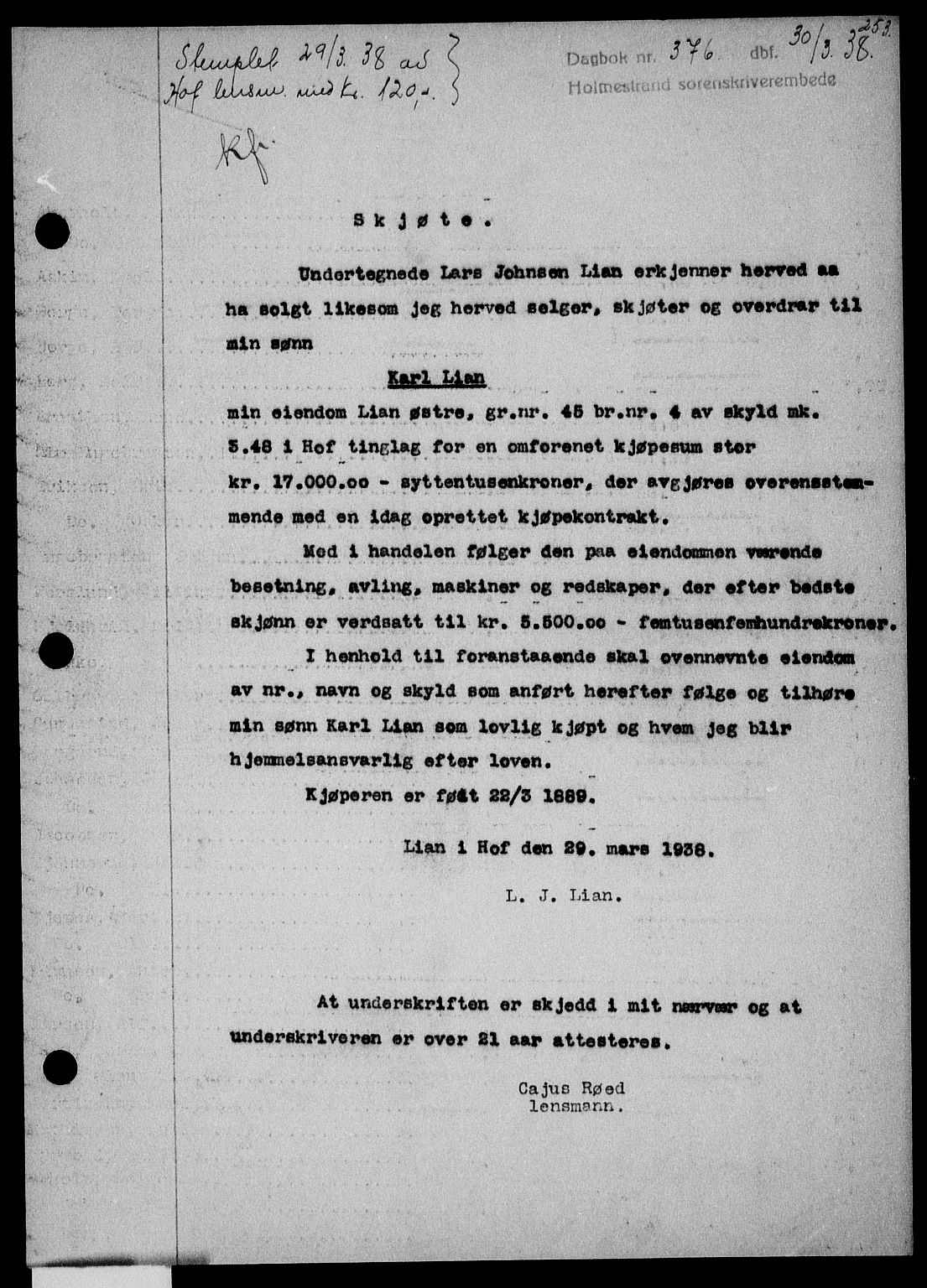 Holmestrand sorenskriveri, SAKO/A-67/G/Ga/Gaa/L0049: Pantebok nr. A-49, 1937-1938, Dagboknr: 376/1938