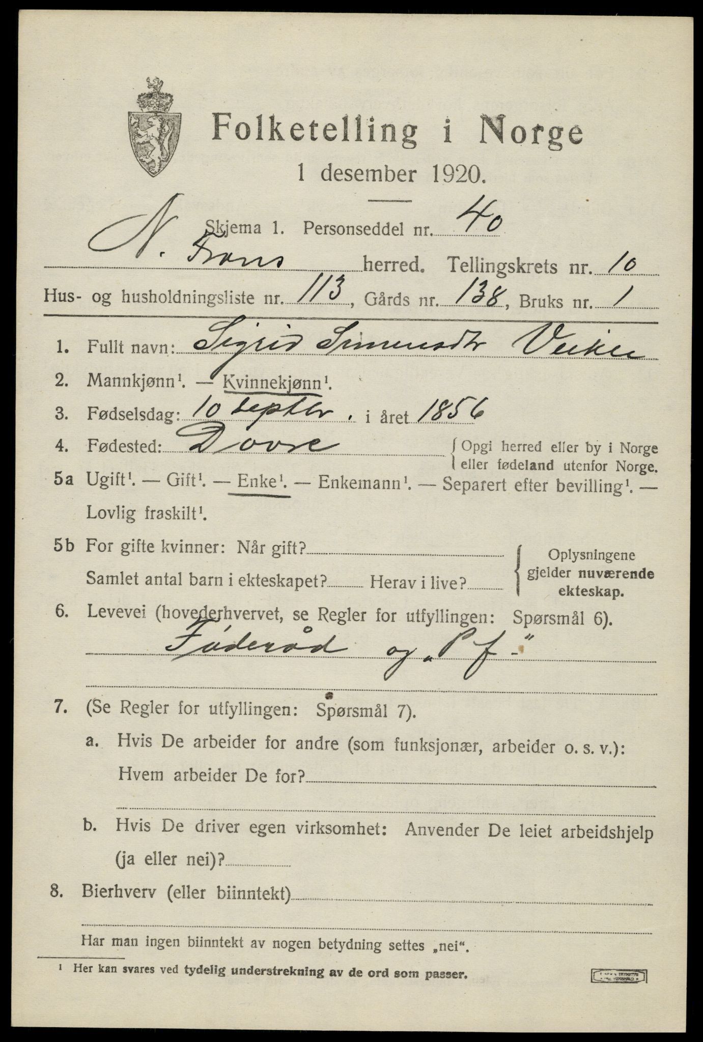 SAH, Folketelling 1920 for 0518 Nord-Fron herred, 1920, s. 9378