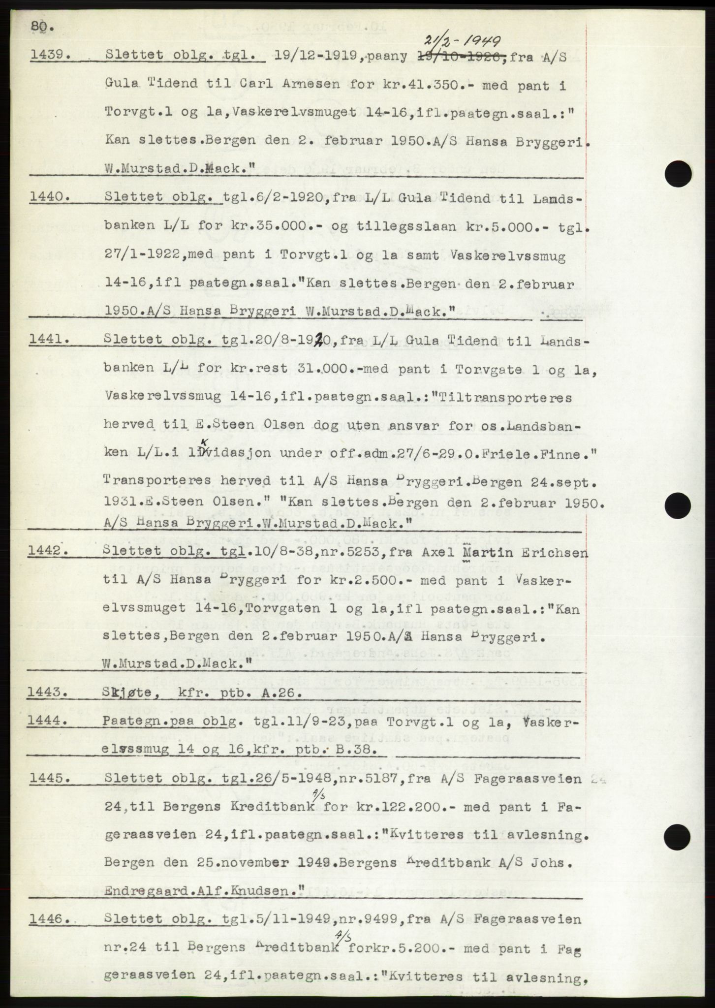 Byfogd og Byskriver i Bergen, AV/SAB-A-3401/03: Pantebok nr. C 38, 1949-1950, Dagboknr: 1439/1950