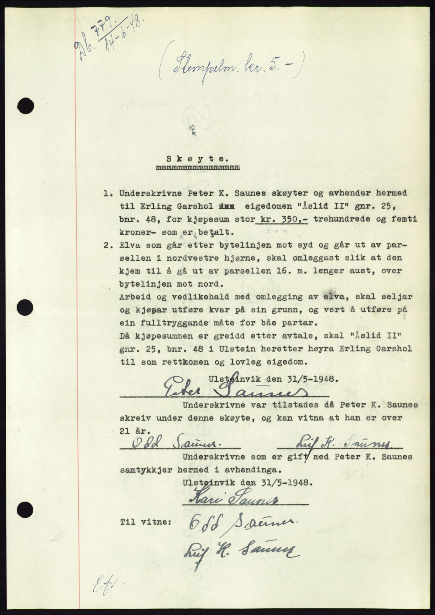 Søre Sunnmøre sorenskriveri, SAT/A-4122/1/2/2C/L0082: Pantebok nr. 8A, 1948-1948, Dagboknr: 779/1948