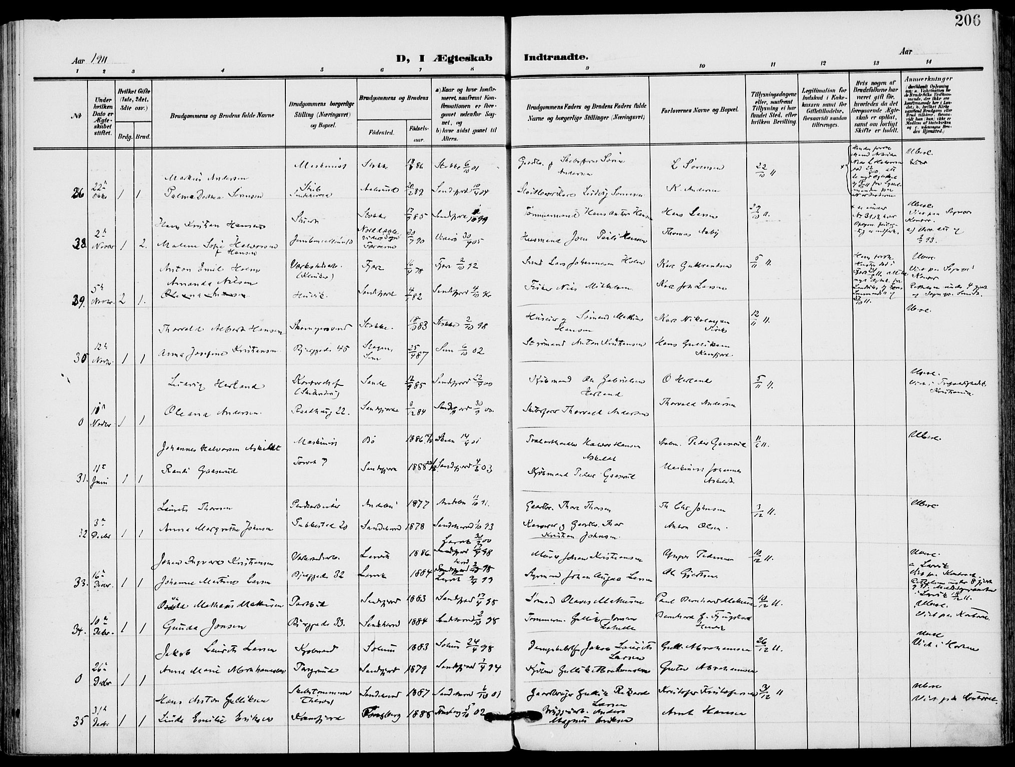 Sandefjord kirkebøker, AV/SAKO-A-315/F/Fa/L0005: Ministerialbok nr. 5, 1906-1915, s. 206