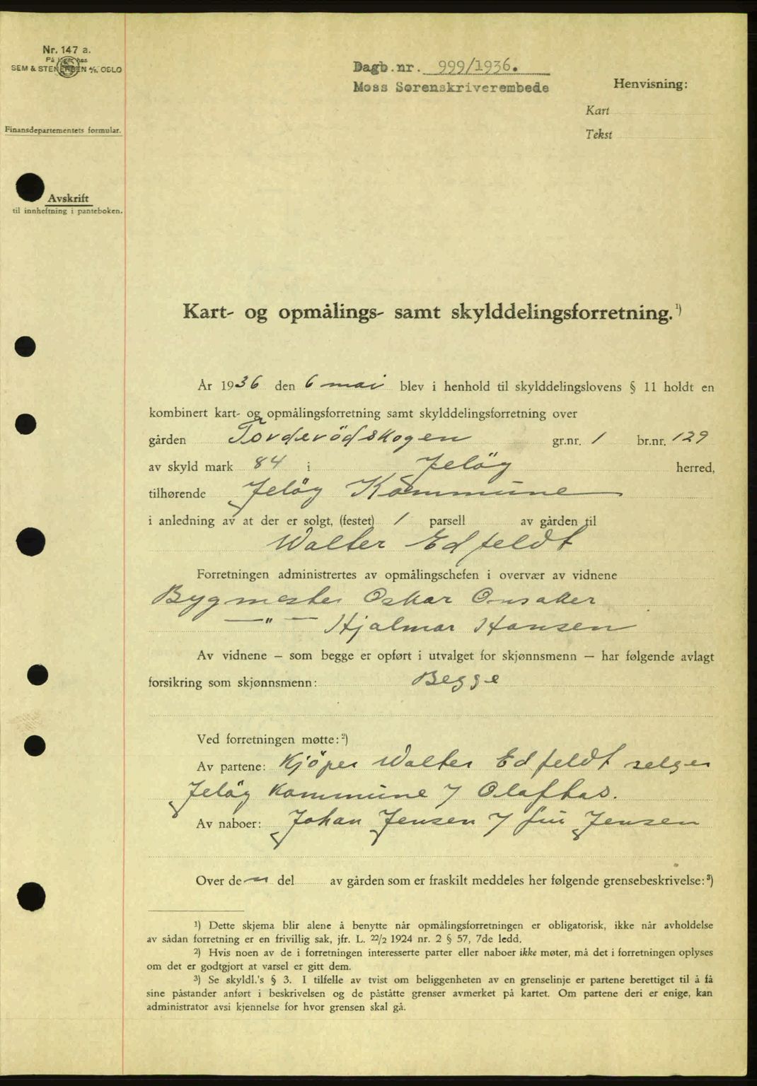 Moss sorenskriveri, SAO/A-10168: Pantebok nr. A1, 1936-1936, Dagboknr: 999/1936