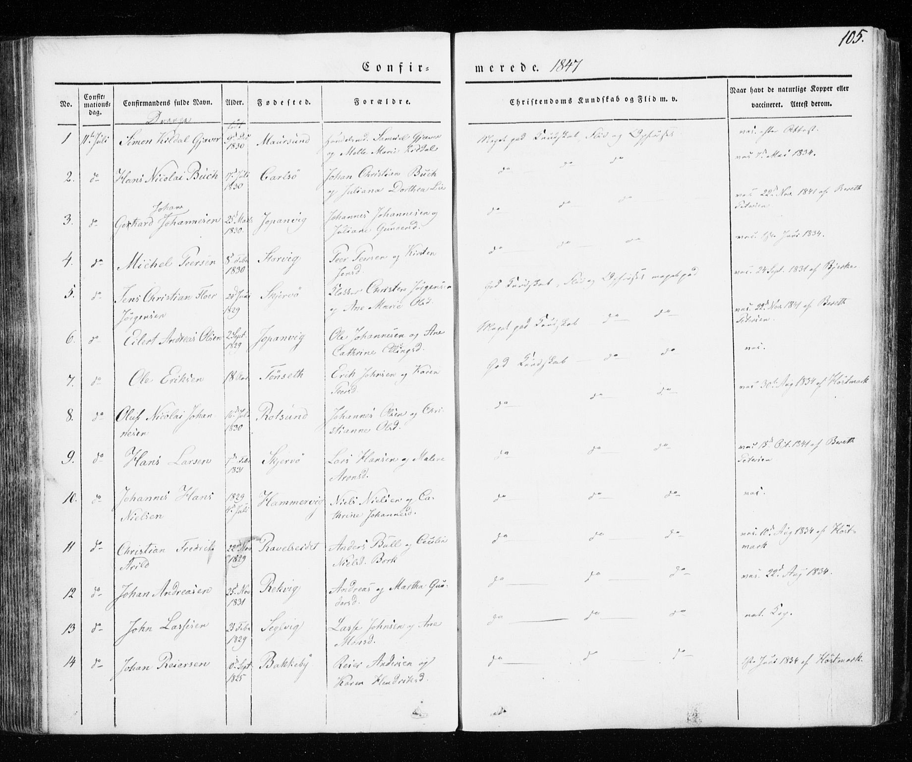 Skjervøy sokneprestkontor, AV/SATØ-S-1300/H/Ha/Haa/L0005kirke: Ministerialbok nr. 5, 1838-1847, s. 105
