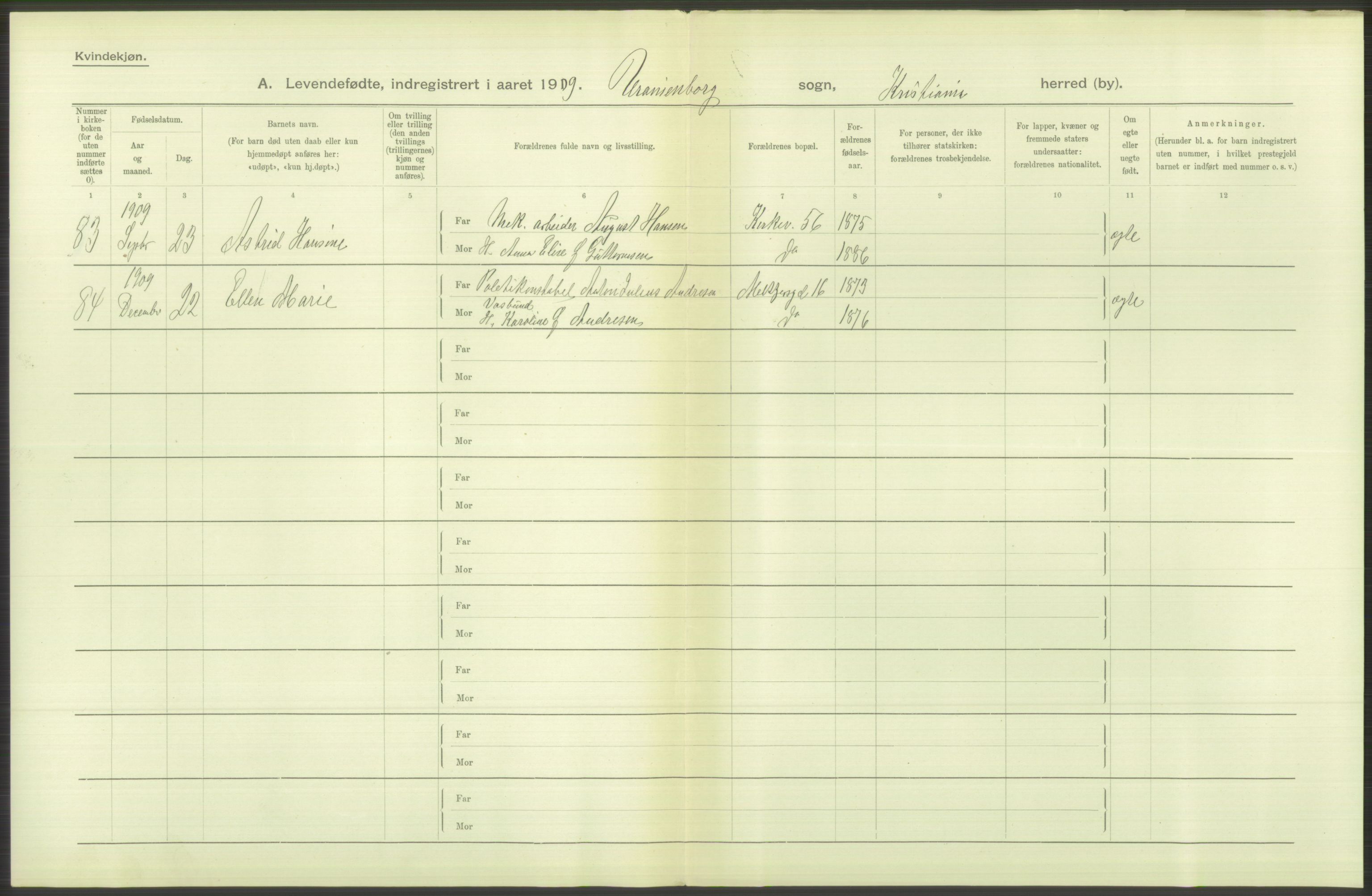 Statistisk sentralbyrå, Sosiodemografiske emner, Befolkning, AV/RA-S-2228/D/Df/Dfa/Dfag/L0007: Kristiania: Levendefødte menn og kvinner., 1909, s. 800