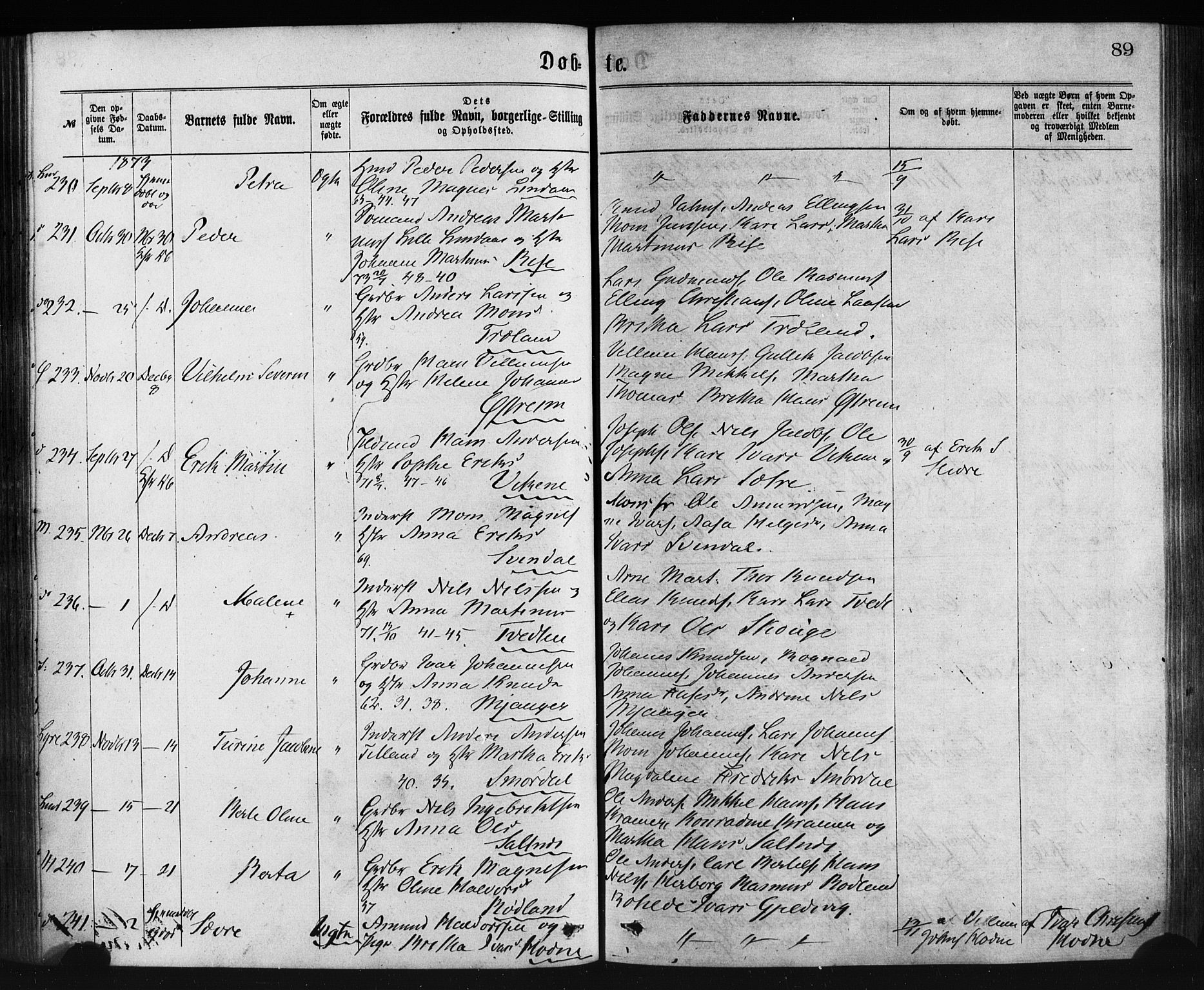 Lindås Sokneprestembete, AV/SAB-A-76701/H/Haa/Haaa/L0018: Ministerialbok nr. A 18, 1869-1885, s. 89