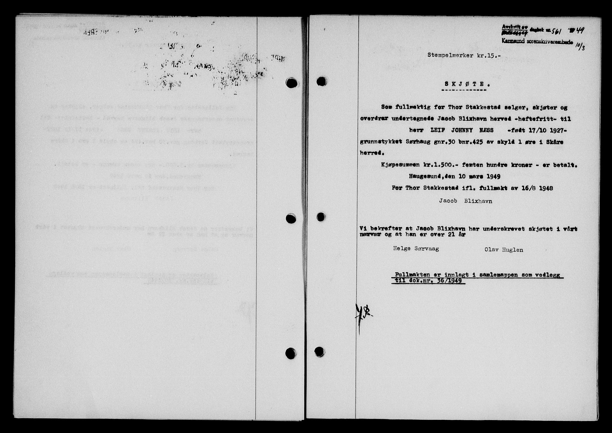 Karmsund sorenskriveri, SAST/A-100311/01/II/IIB/L0095: Pantebok nr. 75A, 1948-1949, Dagboknr: 561/1949