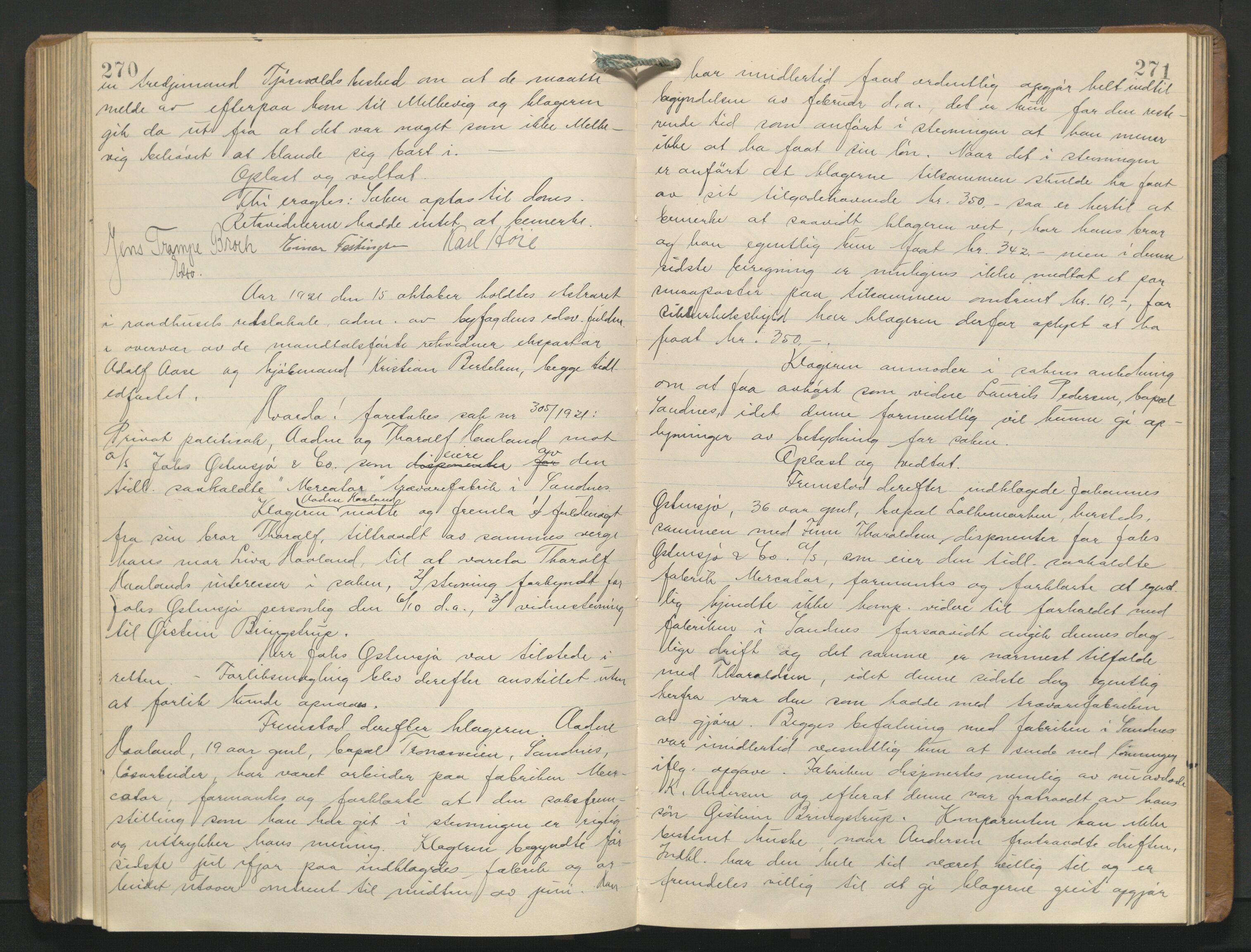 Haugesund tingrett, AV/SAST-A-101415/01/V/VB/VBc/L0001: Ekstrarettsprotokoll, 1916-1925, s. 270-271
