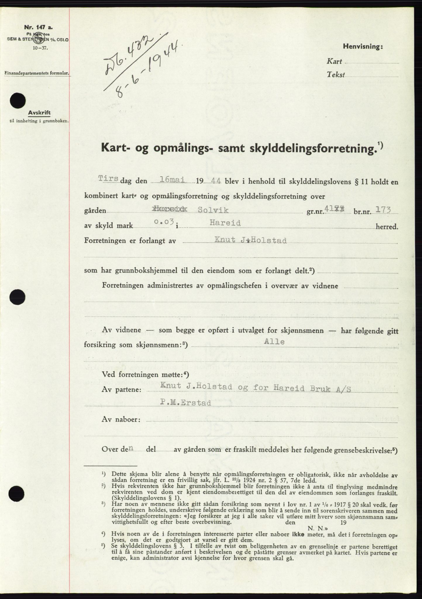Søre Sunnmøre sorenskriveri, SAT/A-4122/1/2/2C/L0076: Pantebok nr. 2A, 1943-1944, Dagboknr: 432/1944