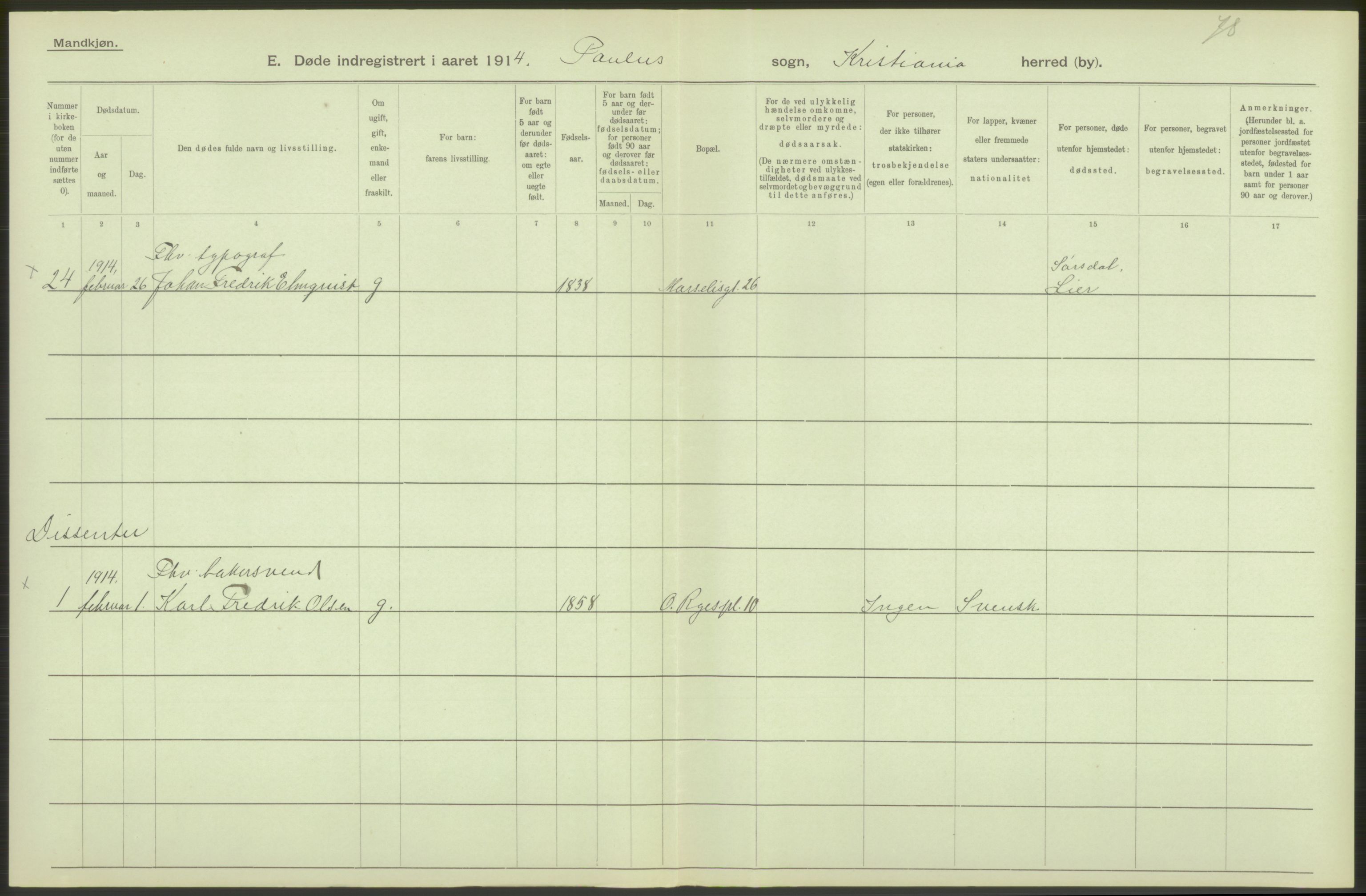 Statistisk sentralbyrå, Sosiodemografiske emner, Befolkning, AV/RA-S-2228/D/Df/Dfb/Dfbd/L0008: Kristiania: Døde, 1914, s. 274