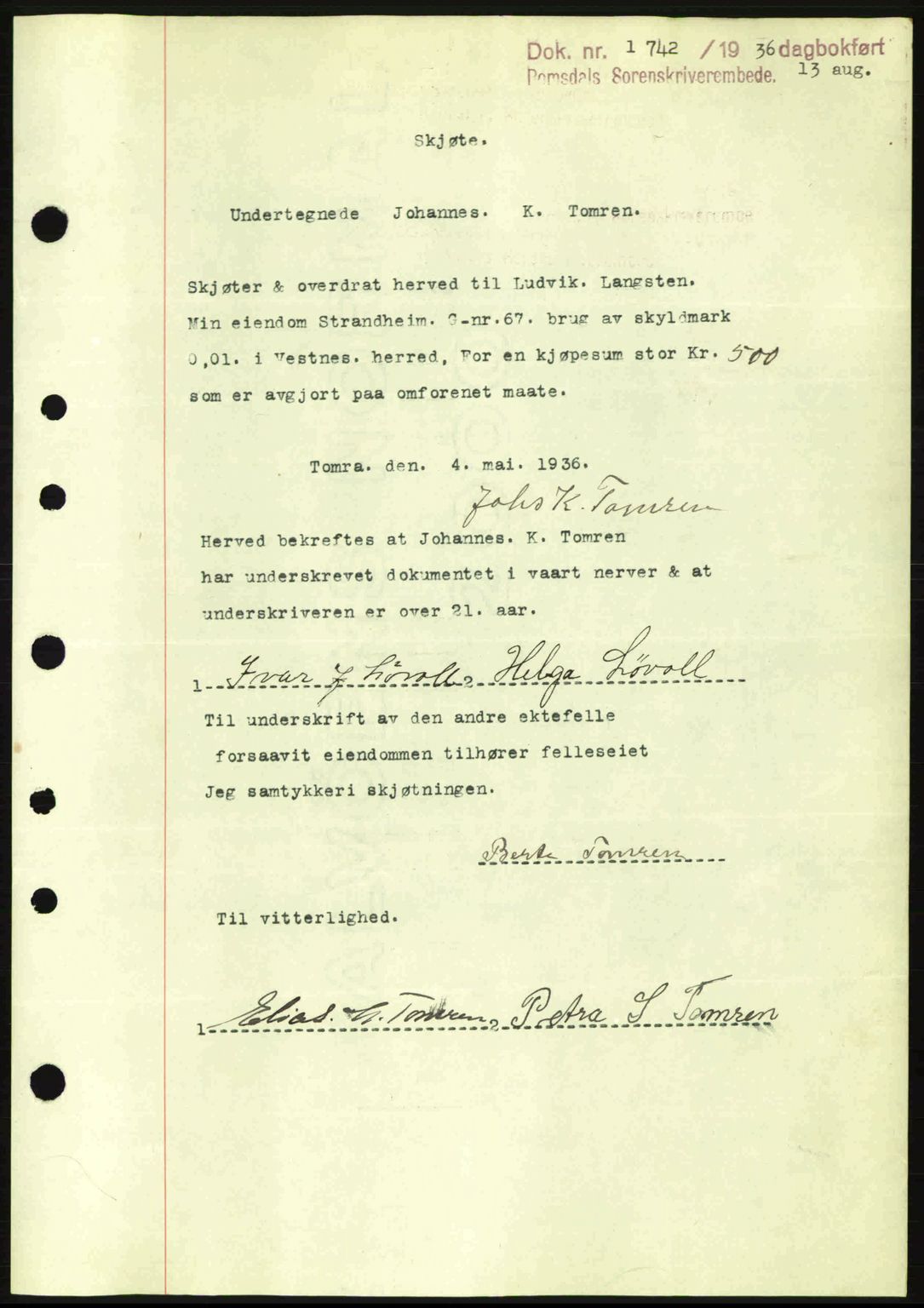 Romsdal sorenskriveri, SAT/A-4149/1/2/2C: Pantebok nr. A1, 1936-1936, Dagboknr: 1742/1936