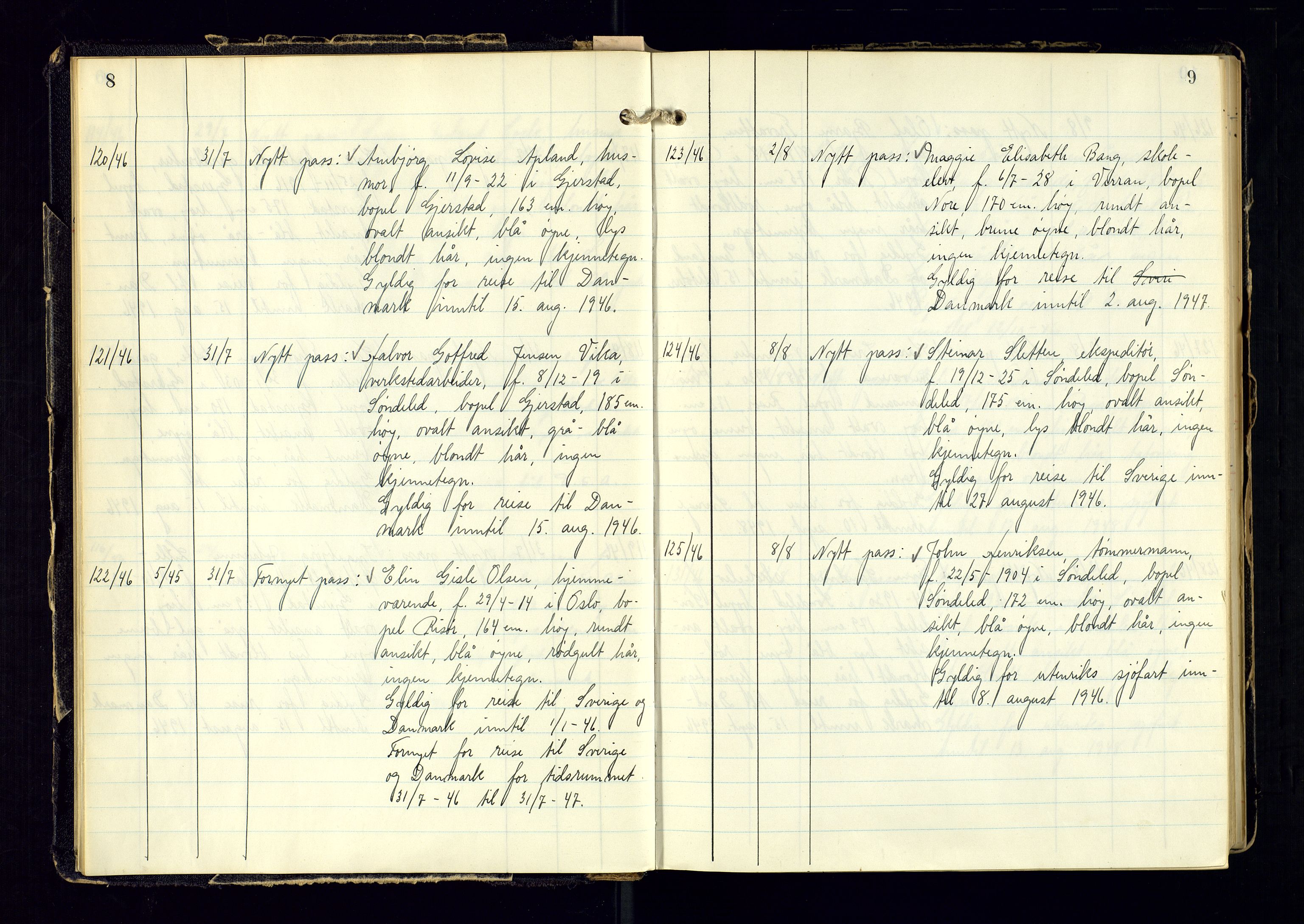Risør politistasjon, AV/SAK-1243-0006/K/Ka/L0001/0002: Passprotokoller / Passprotokoll, 1946-1963, s. 8-9