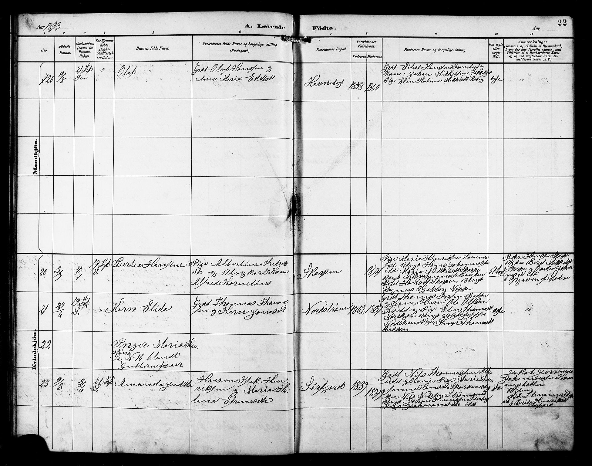 Skjervøy sokneprestkontor, AV/SATØ-S-1300/H/Ha/Hab/L0016klokker: Klokkerbok nr. 16, 1891-1907, s. 22