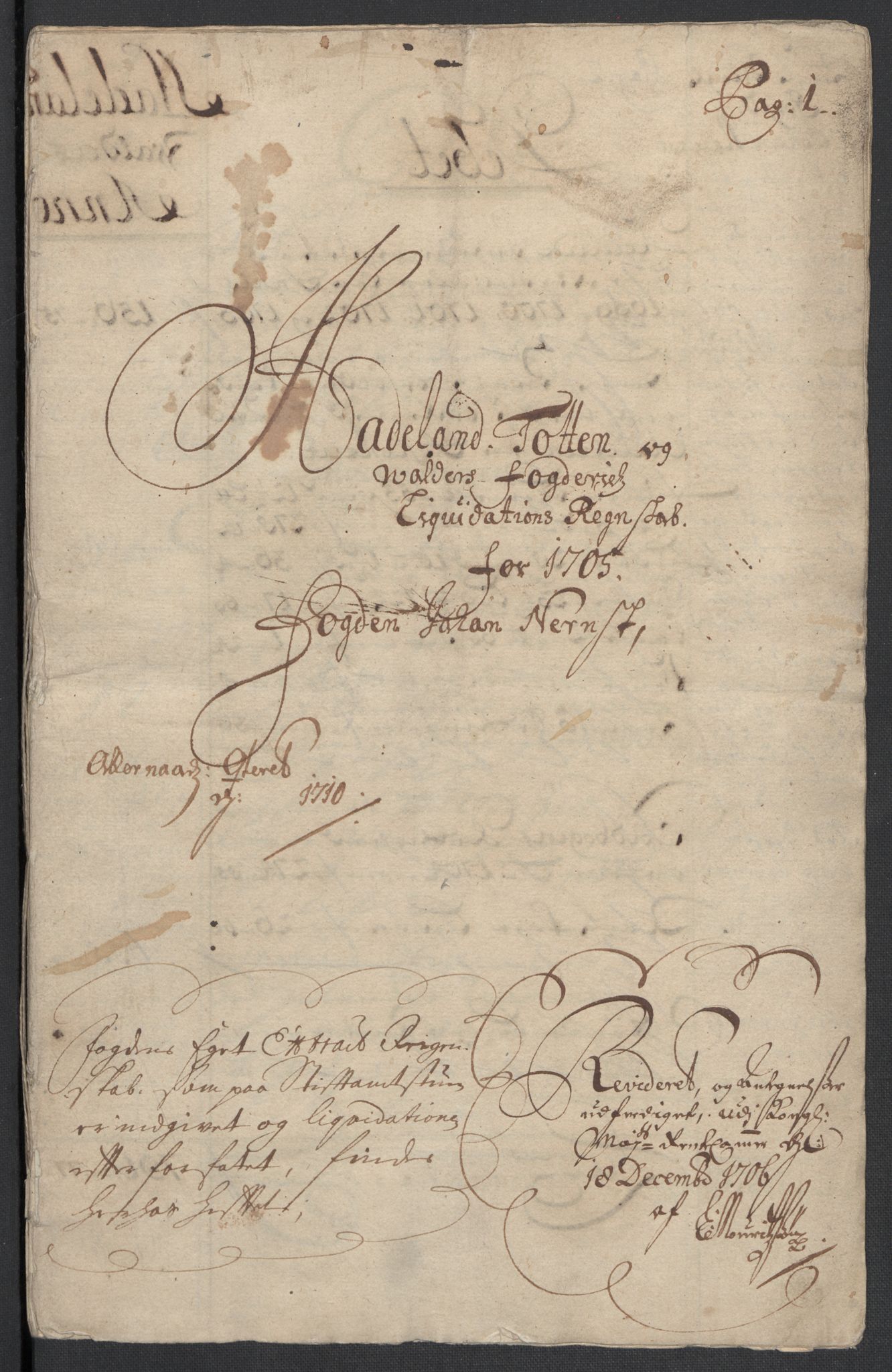 Rentekammeret inntil 1814, Reviderte regnskaper, Fogderegnskap, RA/EA-4092/R18/L1303: Fogderegnskap Hadeland, Toten og Valdres, 1705, s. 3