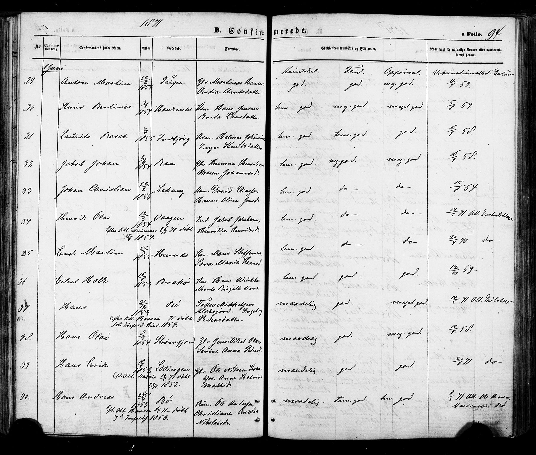 Ministerialprotokoller, klokkerbøker og fødselsregistre - Nordland, AV/SAT-A-1459/888/L1242: Ministerialbok nr. 888A08, 1870-1875, s. 94