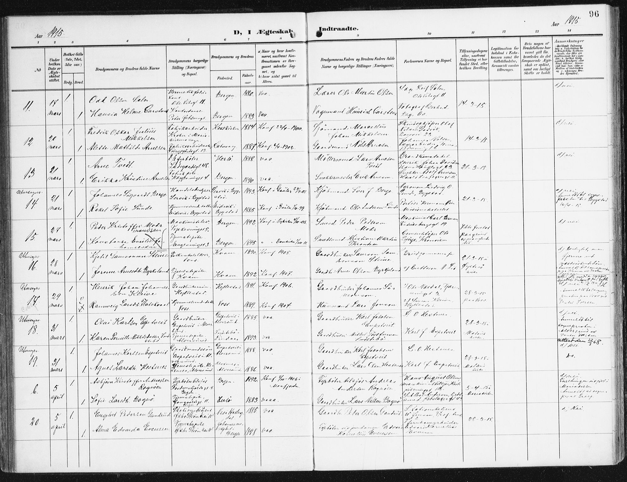 Domkirken sokneprestembete, AV/SAB-A-74801/H/Haa/L0038: Ministerialbok nr. D 5, 1906-1921, s. 96