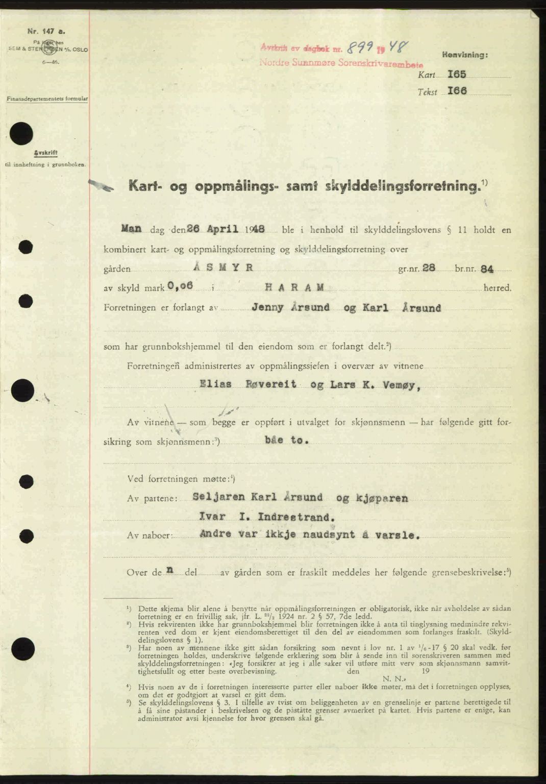 Nordre Sunnmøre sorenskriveri, AV/SAT-A-0006/1/2/2C/2Ca: Pantebok nr. A27, 1948-1948, Dagboknr: 899/1948