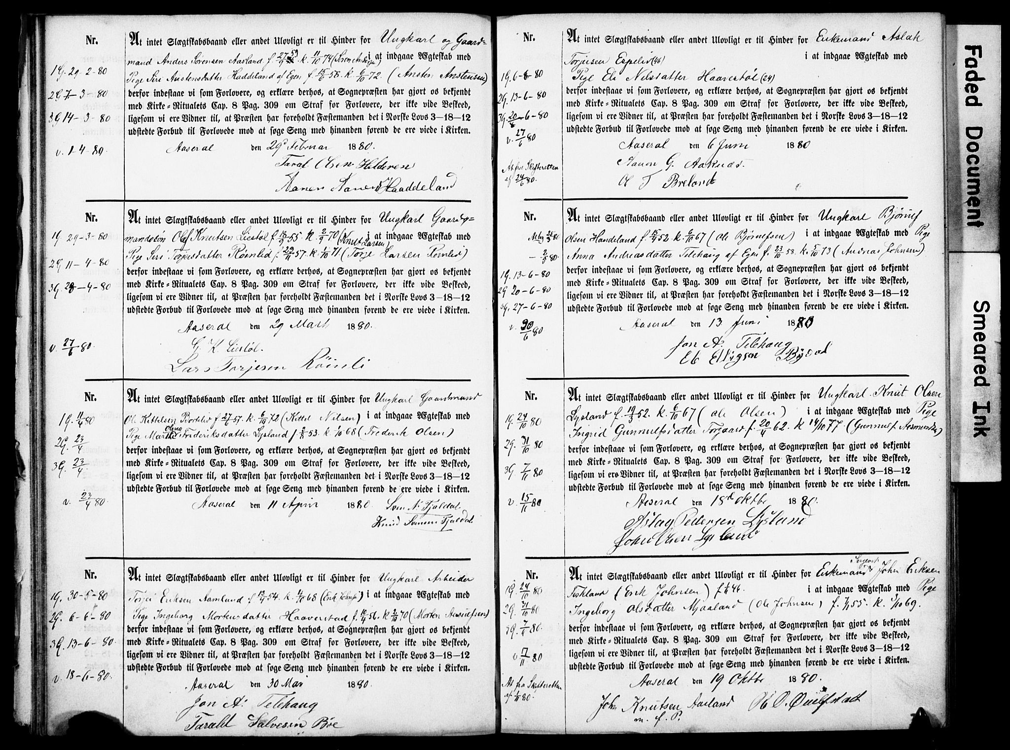 Åseral sokneprestkontor, AV/SAK-1111-0051/F/Fe/L0001: Forlovererklæringer nr. II.5.1, 1858-1911