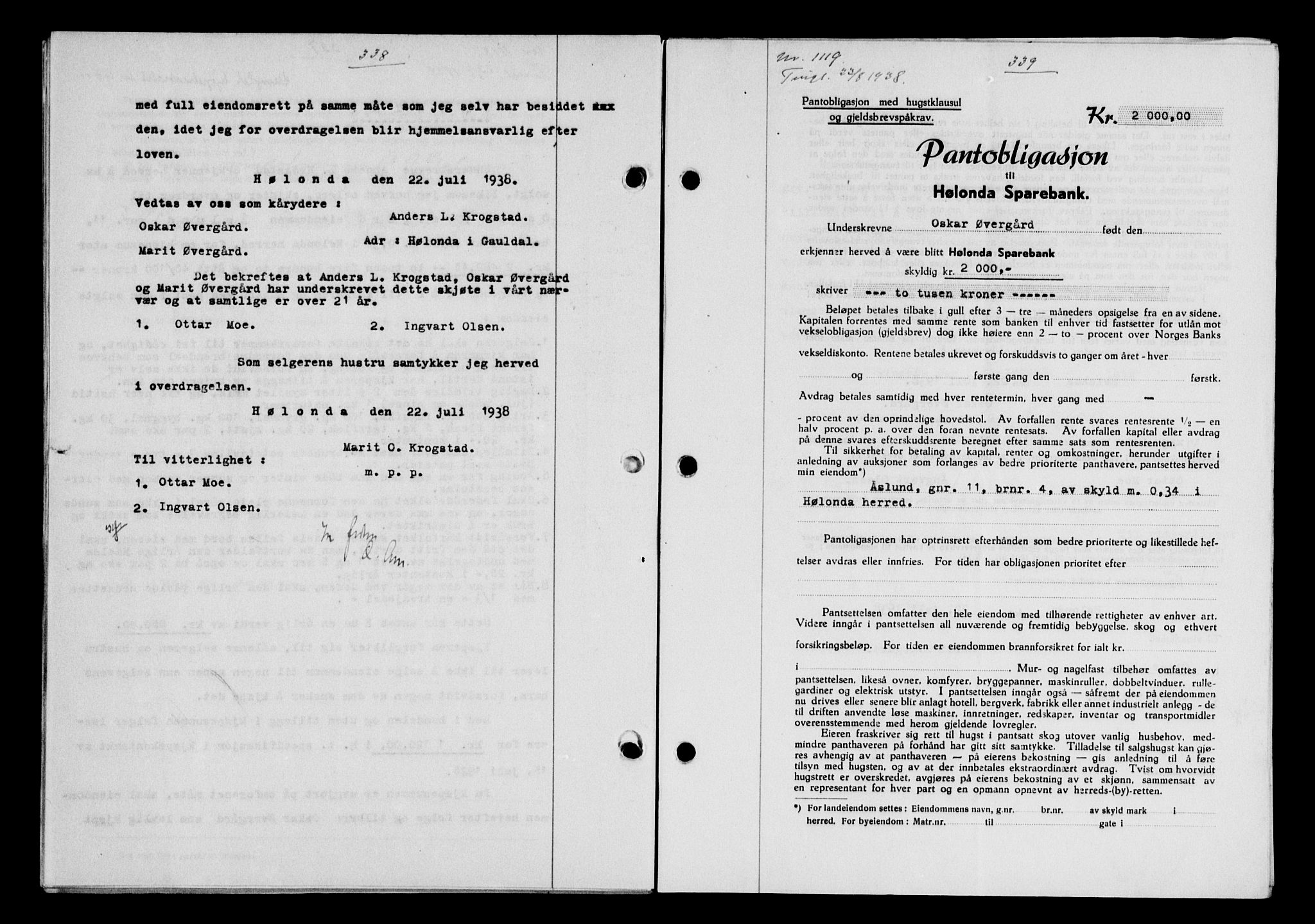 Gauldal sorenskriveri, SAT/A-0014/1/2/2C/L0049: Pantebok nr. 53, 1938-1938, Dagboknr: 1119/1938