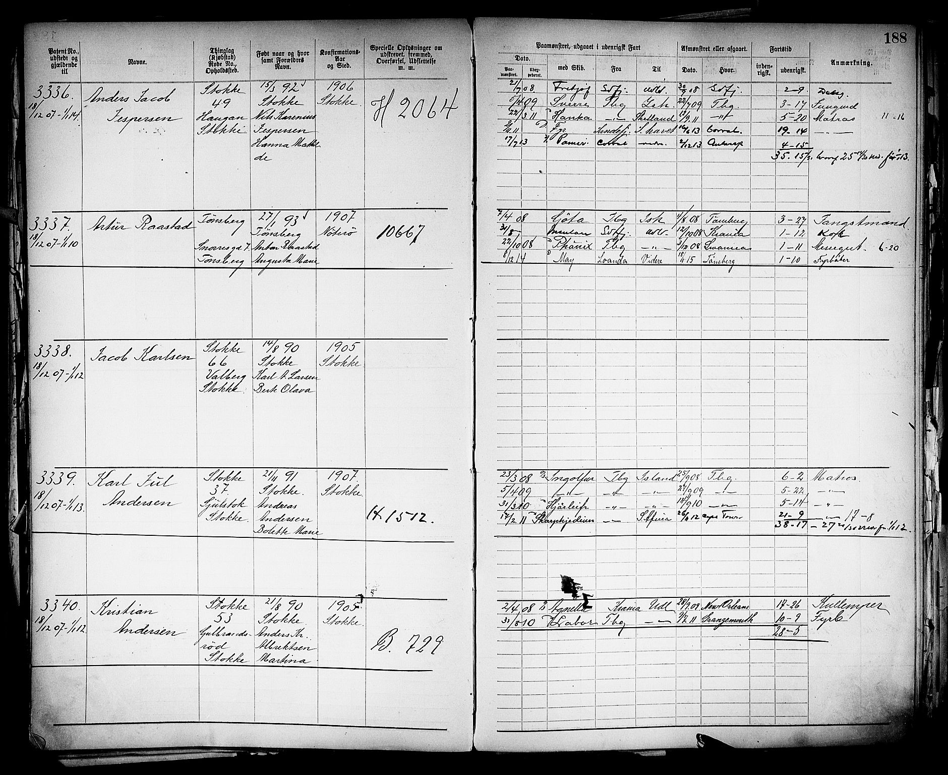 Tønsberg innrulleringskontor, SAKO/A-786/F/Fb/L0005: Annotasjonsrulle Patent nr. 2401-4080, 1904-1910, s. 191