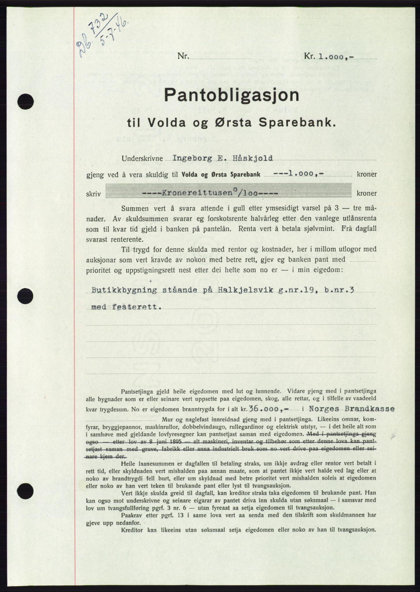 Søre Sunnmøre sorenskriveri, AV/SAT-A-4122/1/2/2C/L0114: Pantebok nr. 1-2B, 1943-1947, Dagboknr: 732/1946