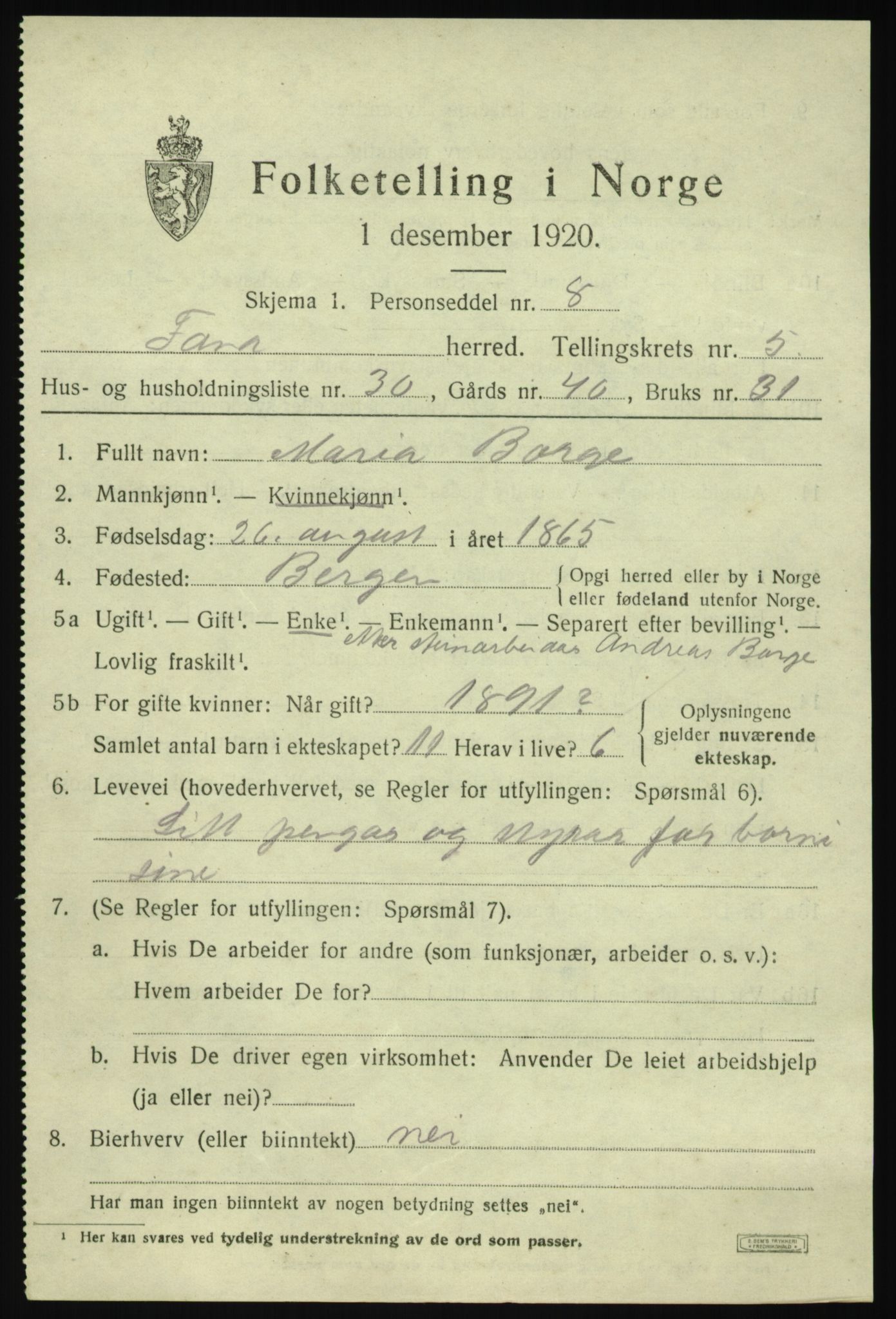 SAB, Folketelling 1920 for 1249 Fana herred, 1920, s. 7395