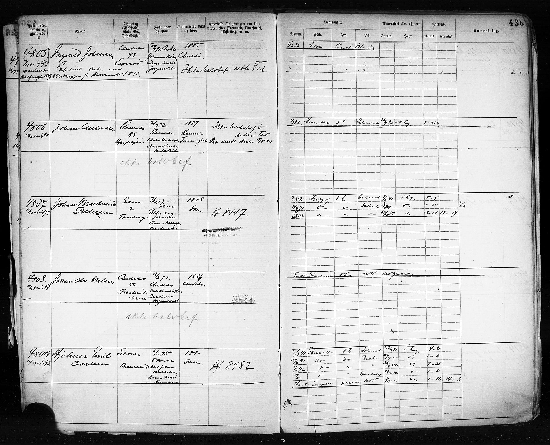 Tønsberg innrulleringskontor, SAKO/A-786/F/Fb/L0003: Annotasjonsrulle Patent nr. 2646-5149, 1881-1892, s. 446