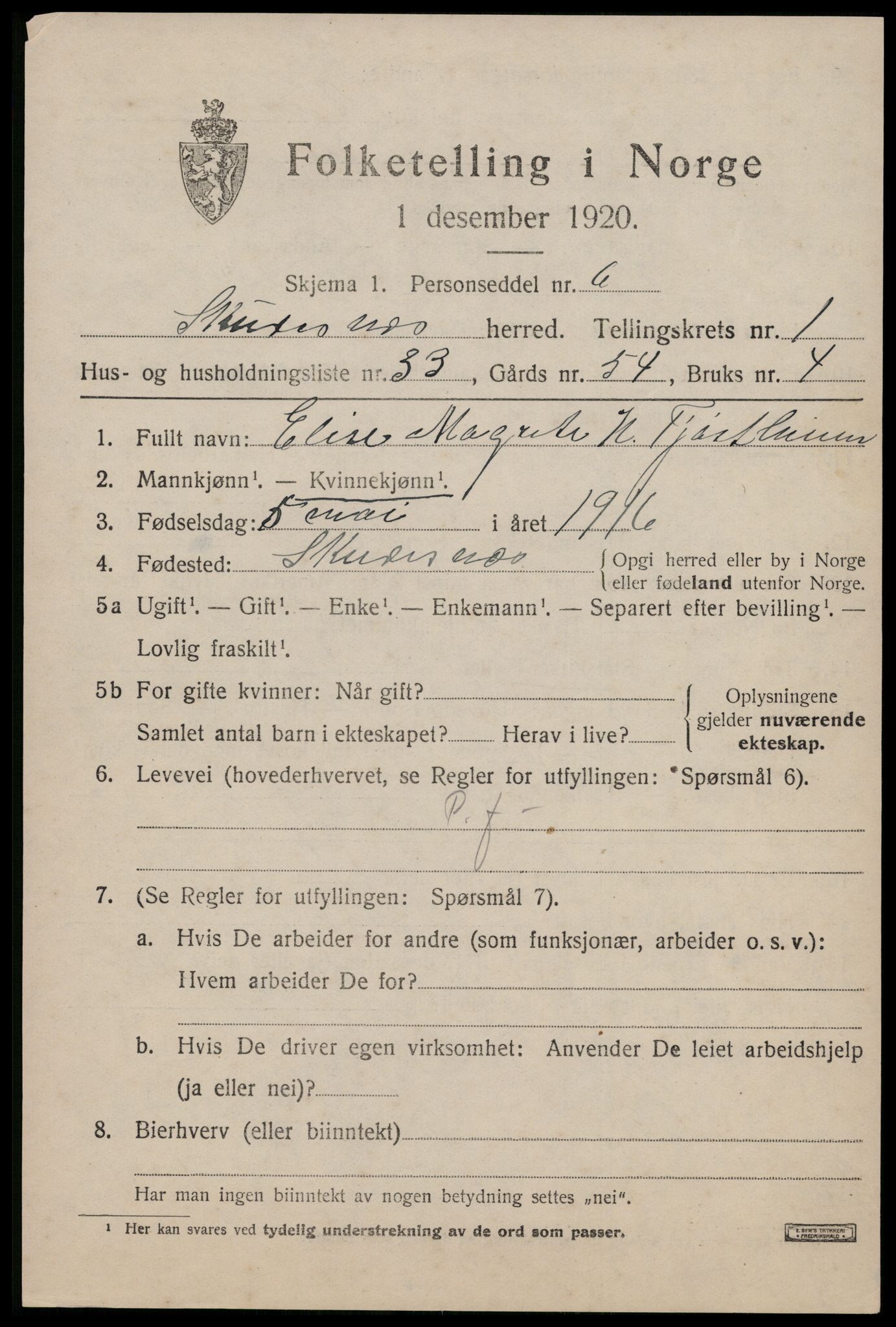 SAST, Folketelling 1920 for 1150 Skudenes herred, 1920, s. 1460