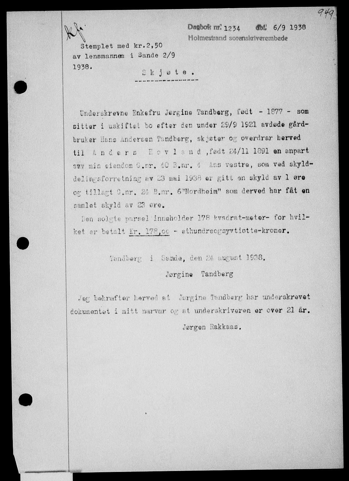 Holmestrand sorenskriveri, SAKO/A-67/G/Ga/Gaa/L0049: Pantebok nr. A-49, 1937-1938, Dagboknr: 1234/1938