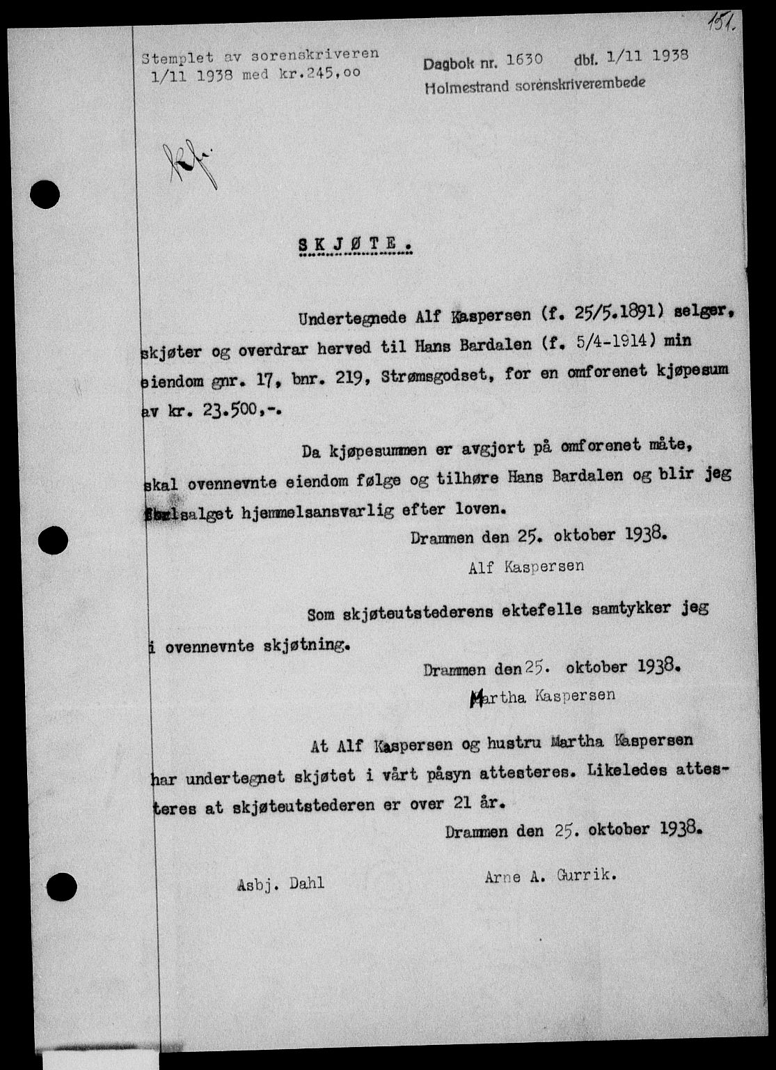 Holmestrand sorenskriveri, SAKO/A-67/G/Ga/Gaa/L0050: Pantebok nr. A-50, 1938-1939, Dagboknr: 1630/1938