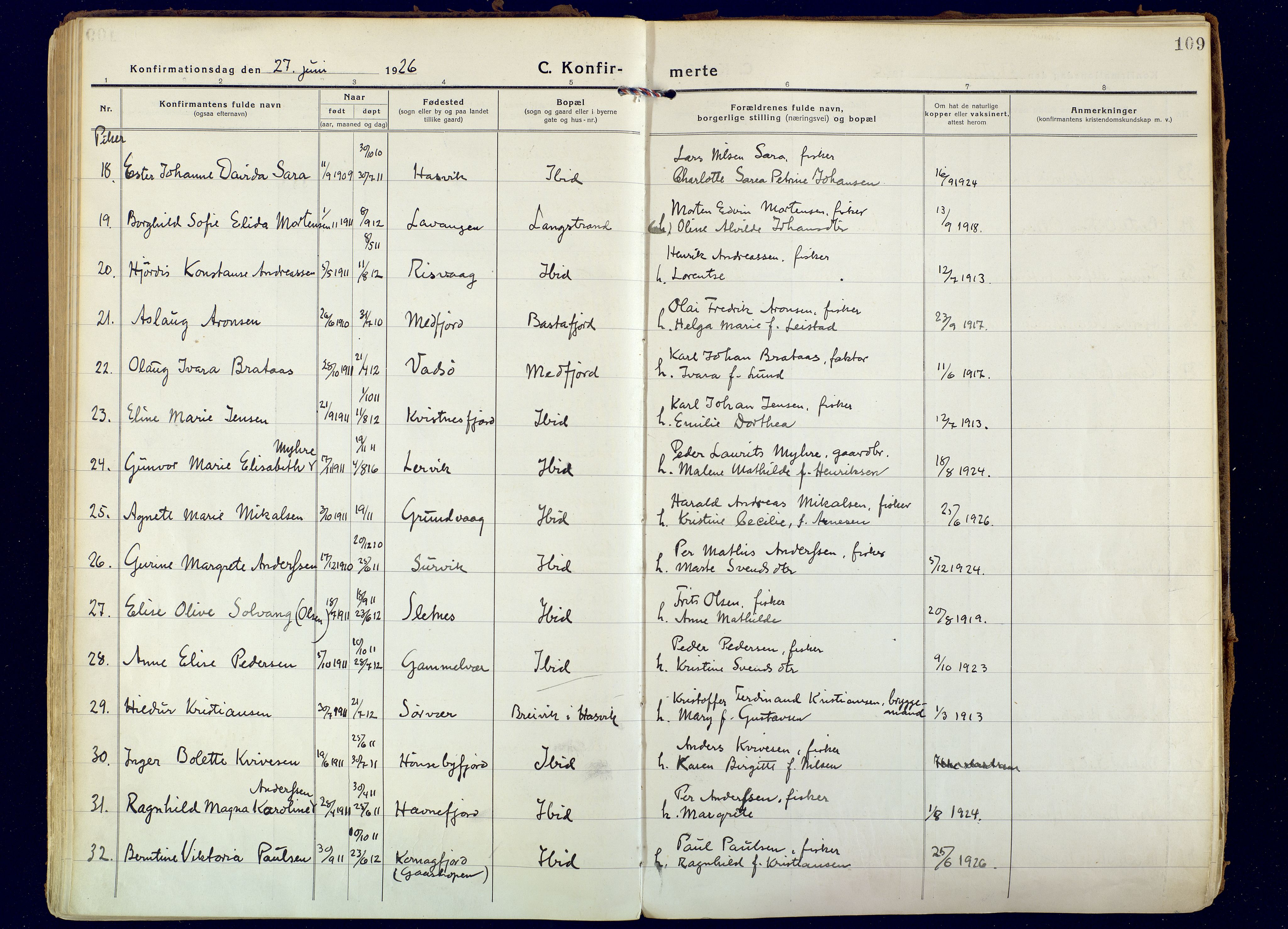 Hammerfest sokneprestkontor, AV/SATØ-S-1347/H/Ha/L0018.kirke: Ministerialbok nr. 18, 1918-1933, s. 109