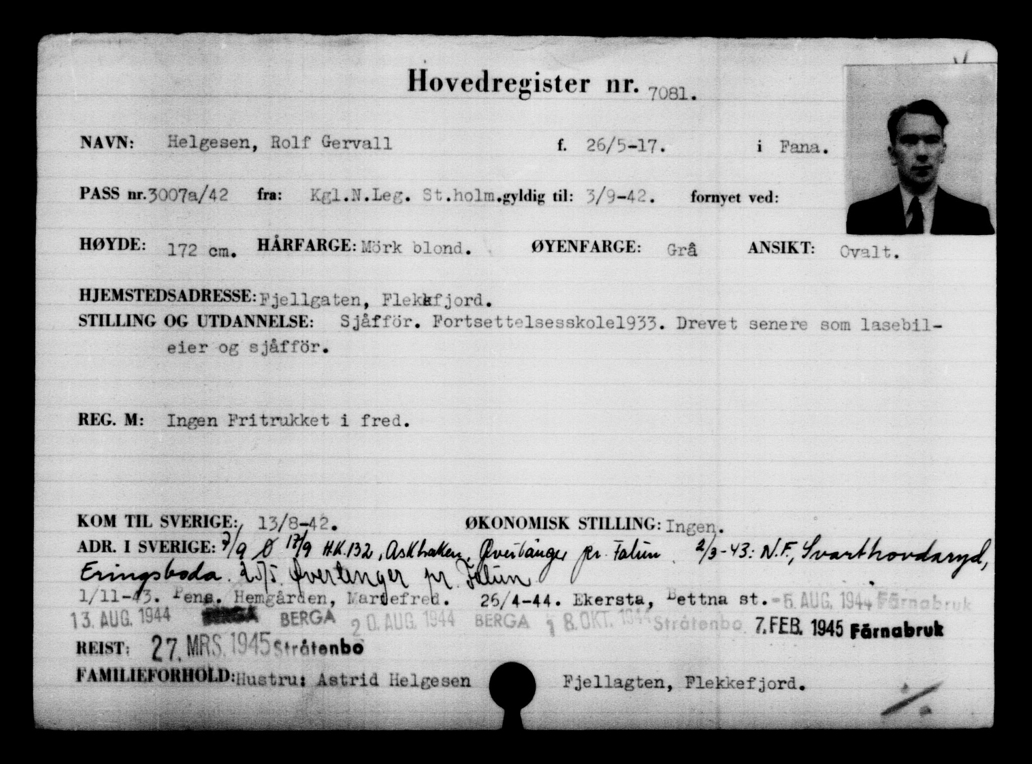 Utenriksstasjonene, Legasjonen i Stockholm, Flyktningkontoret, AV/RA-S-6753/V/Va/L0005: Kjesäterkartoteket, flyktning nr. 6600-9417, 1940-1945, s. 580