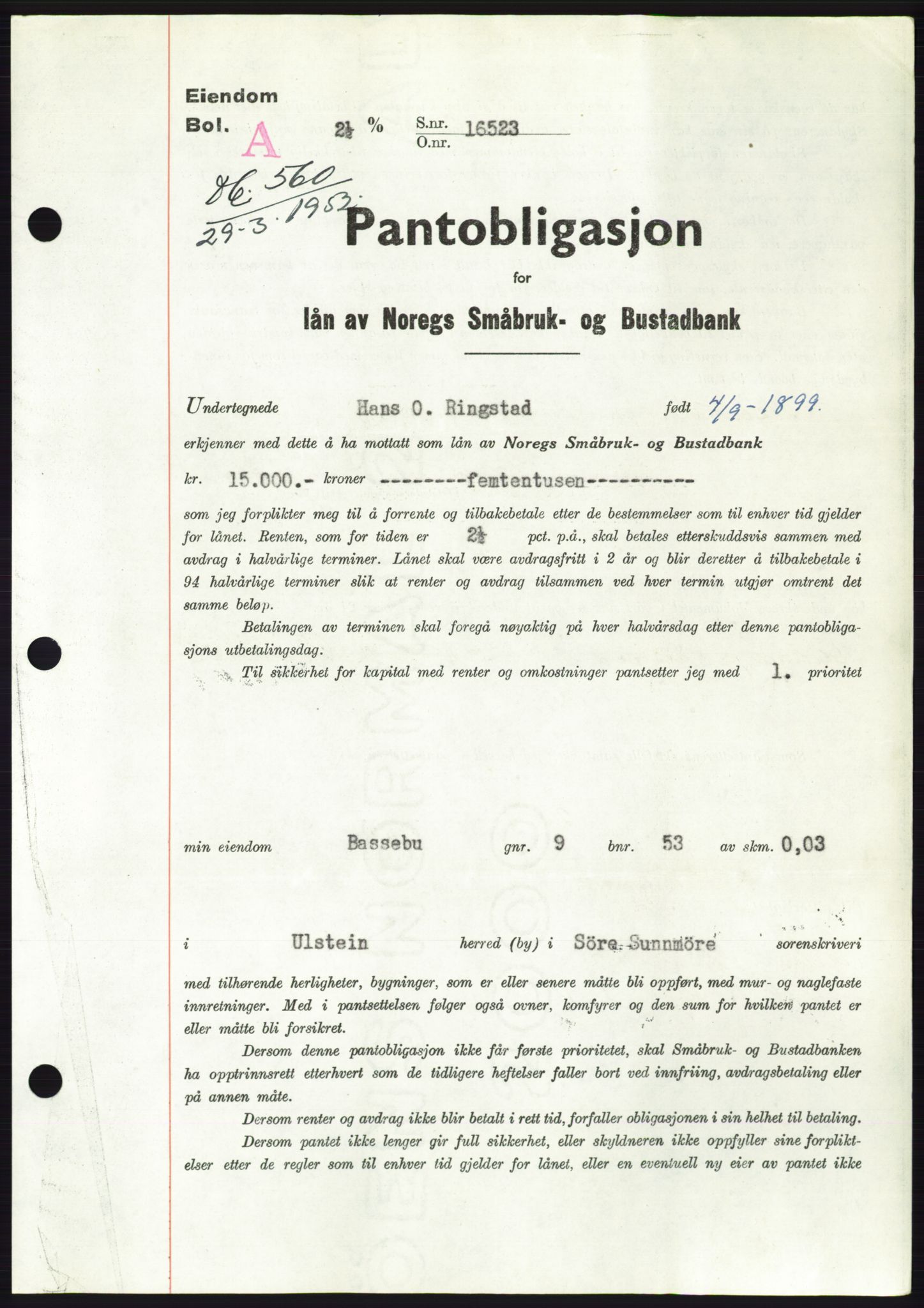 Søre Sunnmøre sorenskriveri, AV/SAT-A-4122/1/2/2C/L0121: Pantebok nr. 9B, 1951-1952, Dagboknr: 560/1952