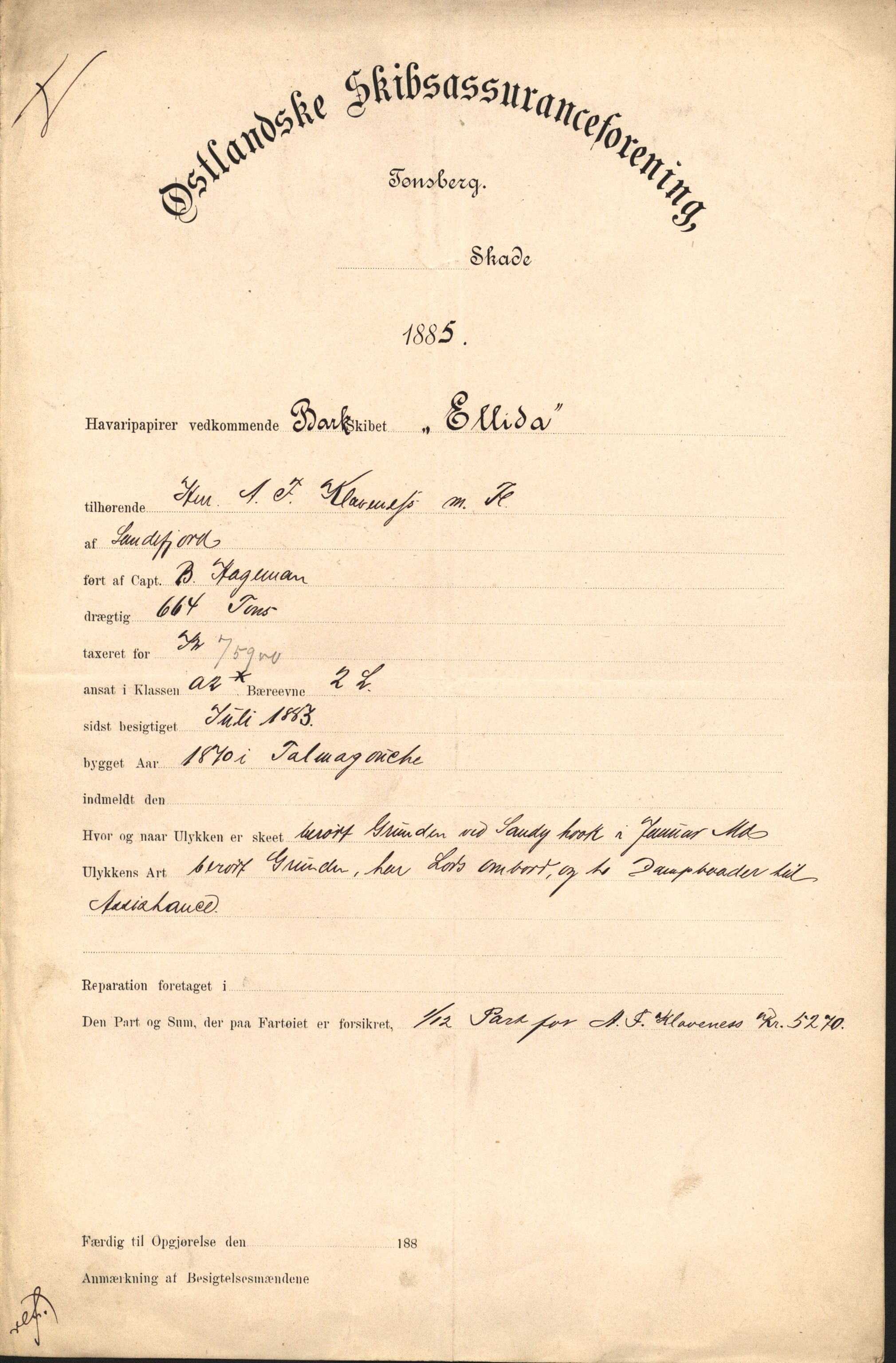 Pa 63 - Østlandske skibsassuranceforening, VEMU/A-1079/G/Ga/L0018/0009: Havaridokumenter / Tellus, Activ, Ellida, Laurel, Møringen, Mjølner, 1885, s. 17