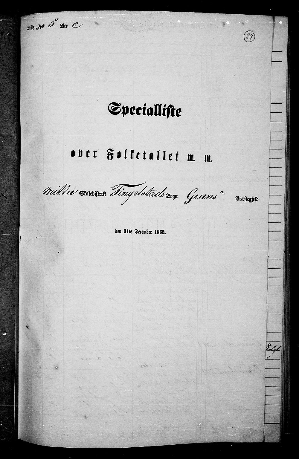 RA, Folketelling 1865 for 0534P Gran prestegjeld, 1865, s. 273