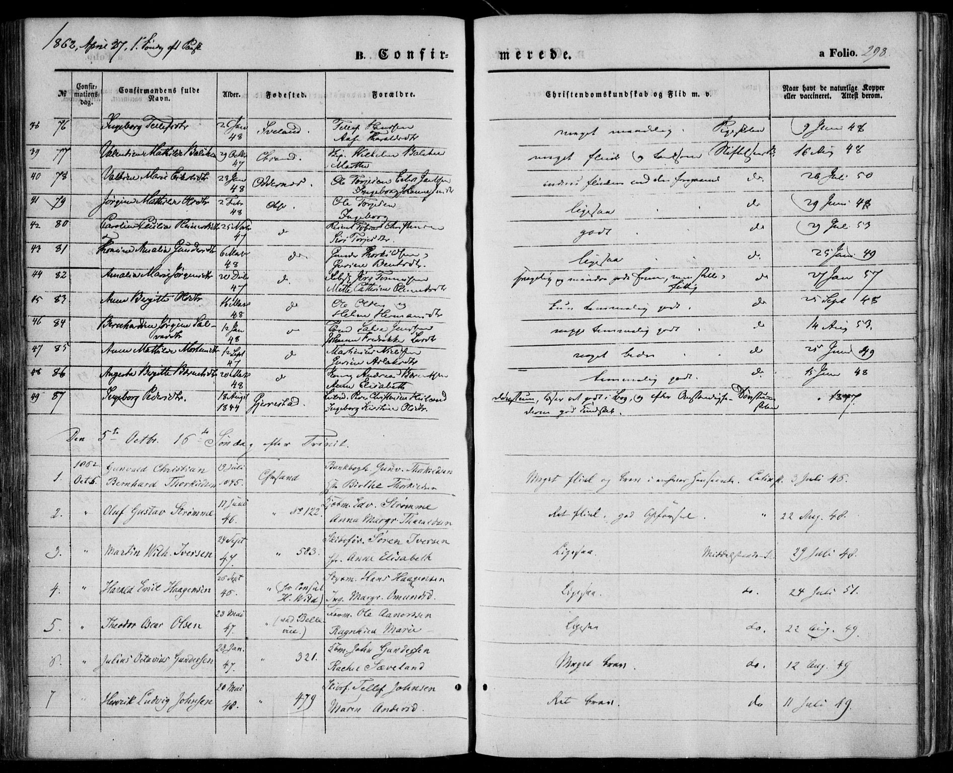 Kristiansand domprosti, AV/SAK-1112-0006/F/Fa/L0014: Ministerialbok nr. A 14, 1852-1867, s. 298