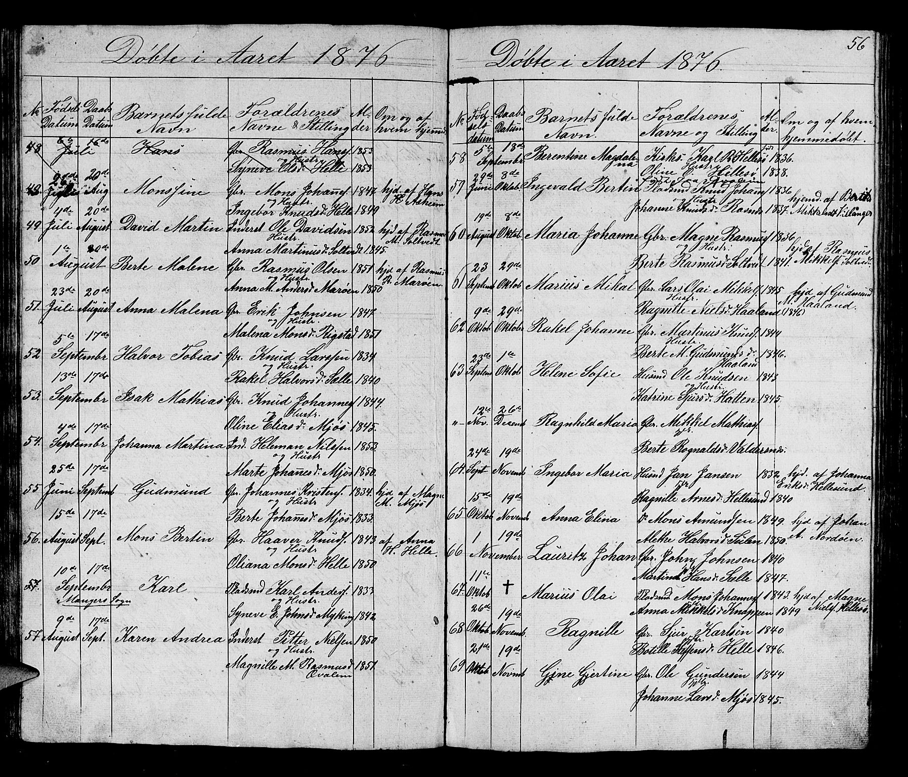Manger sokneprestembete, AV/SAB-A-76801/H/Hab: Klokkerbok nr. B 1, 1856-1881, s. 56