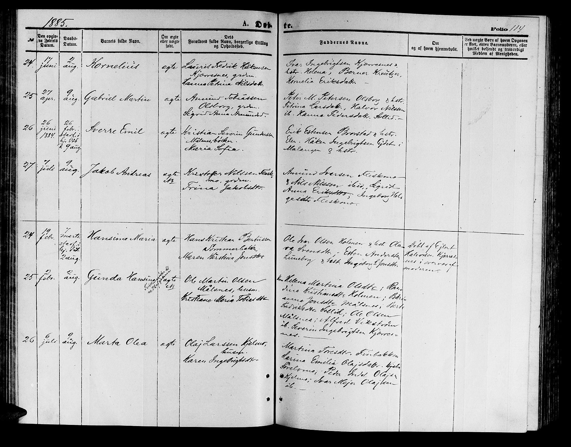 Målselv sokneprestembete, AV/SATØ-S-1311/G/Ga/Gab/L0003klokker: Klokkerbok nr. 3, 1874-1885, s. 114