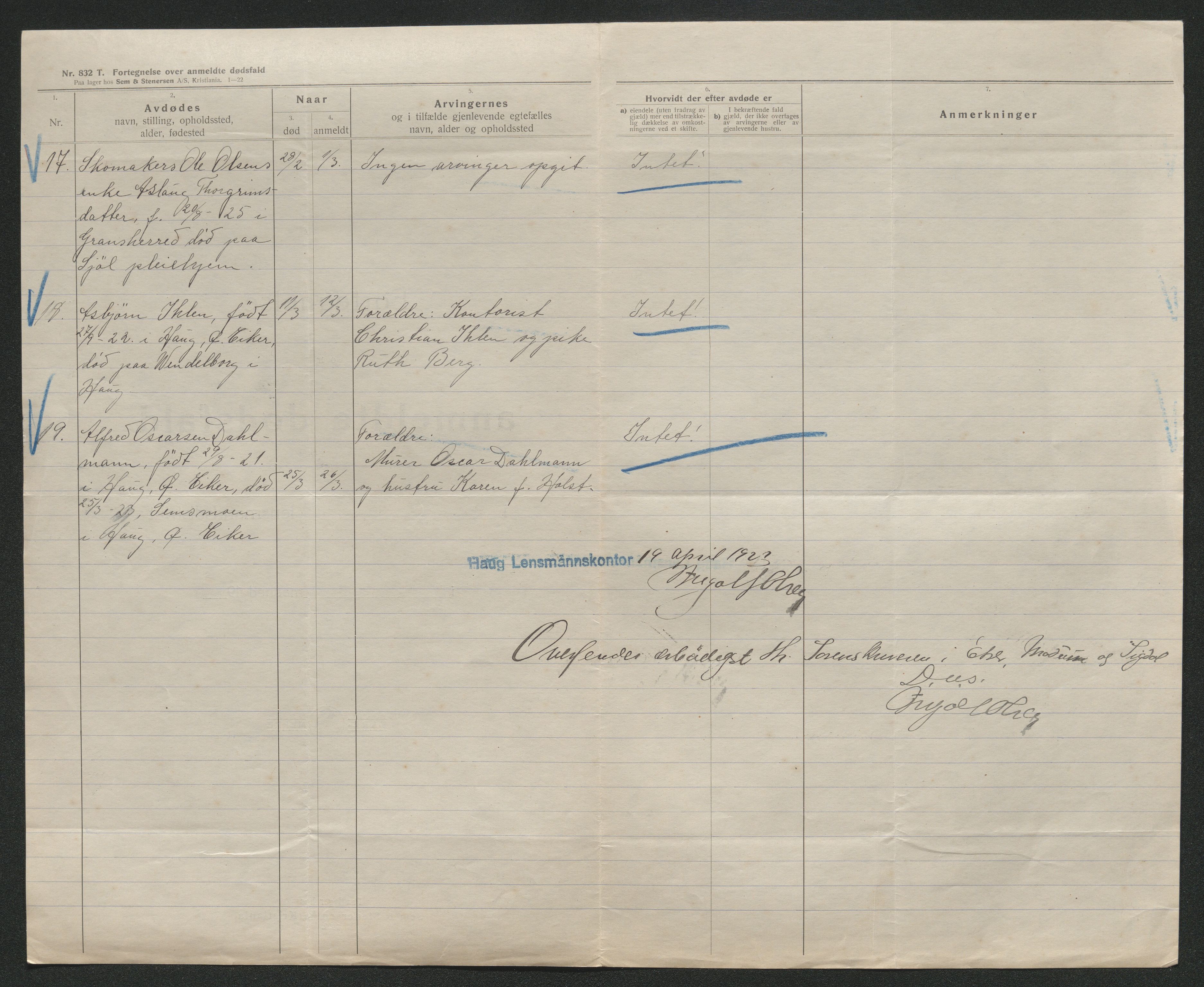 Eiker, Modum og Sigdal sorenskriveri, AV/SAKO-A-123/H/Ha/Hab/L0041: Dødsfallsmeldinger, 1922-1923, s. 654