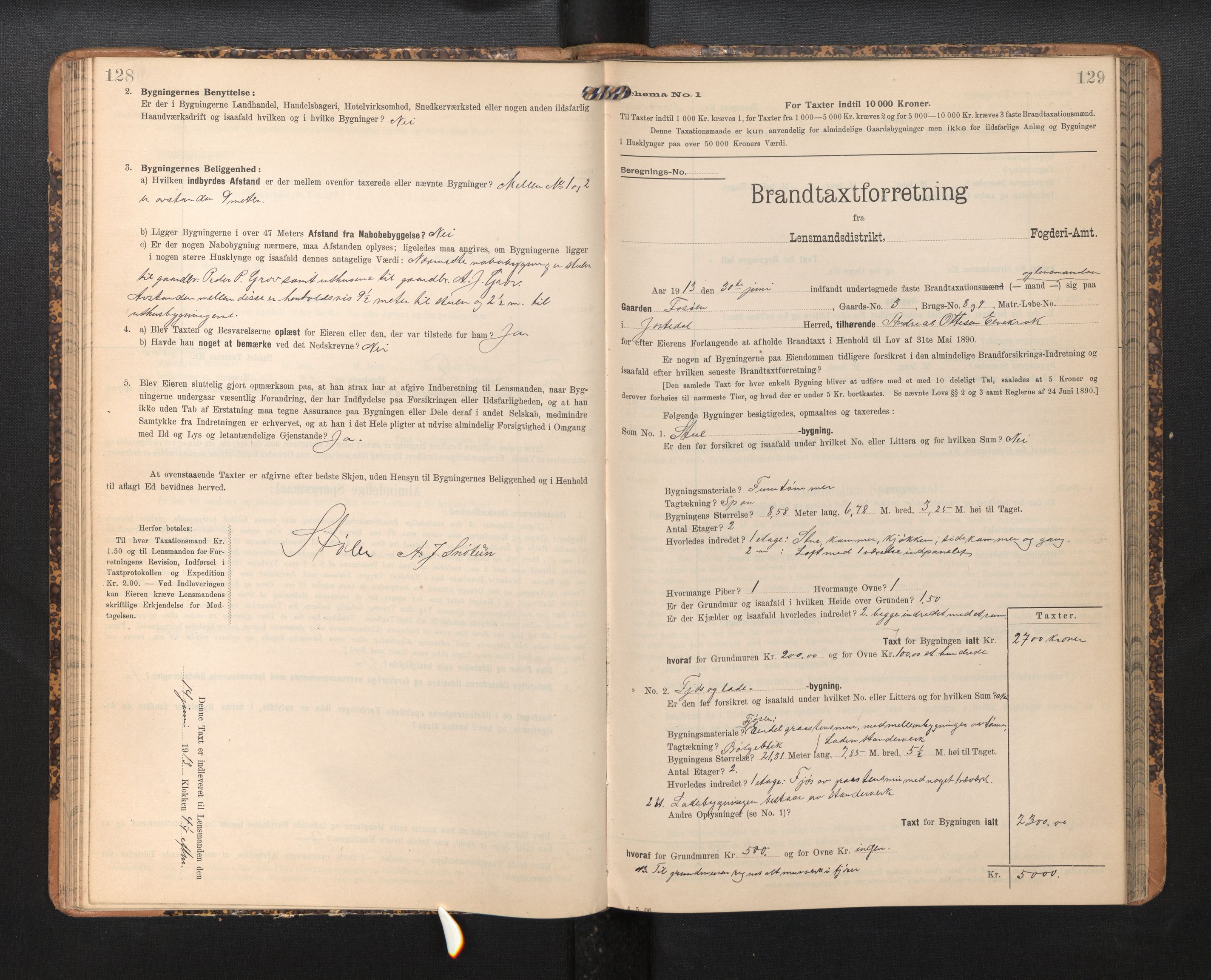 Lensmannen i Jostedal, AV/SAB-A-28601/0012/L0004: Branntakstprotokoll, skjematakst, 1906-1919, s. 128-129