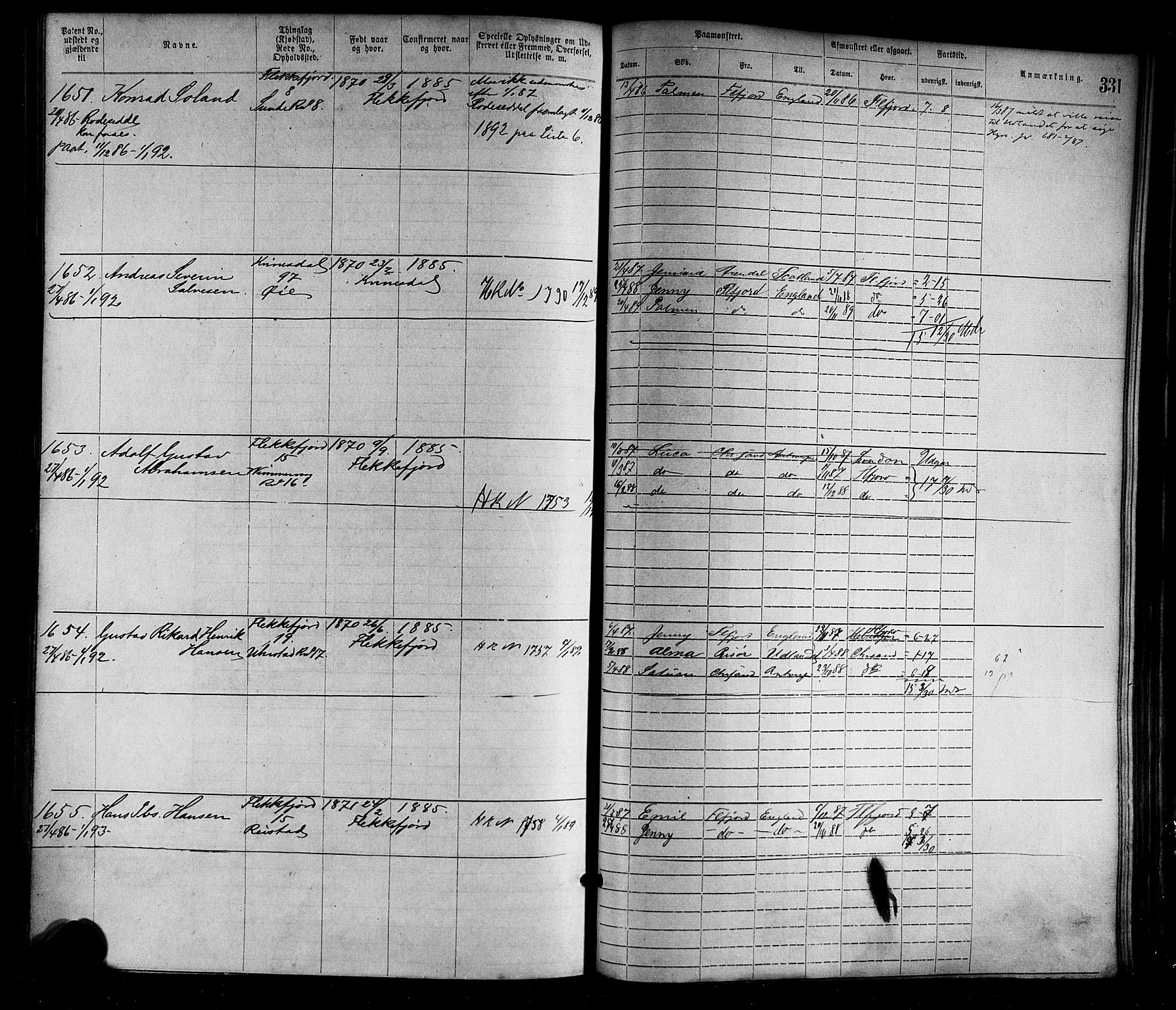 Flekkefjord mønstringskrets, SAK/2031-0018/F/Fa/L0002: Annotasjonsrulle nr 1-1920 med register, N-2, 1870-1891, s. 364