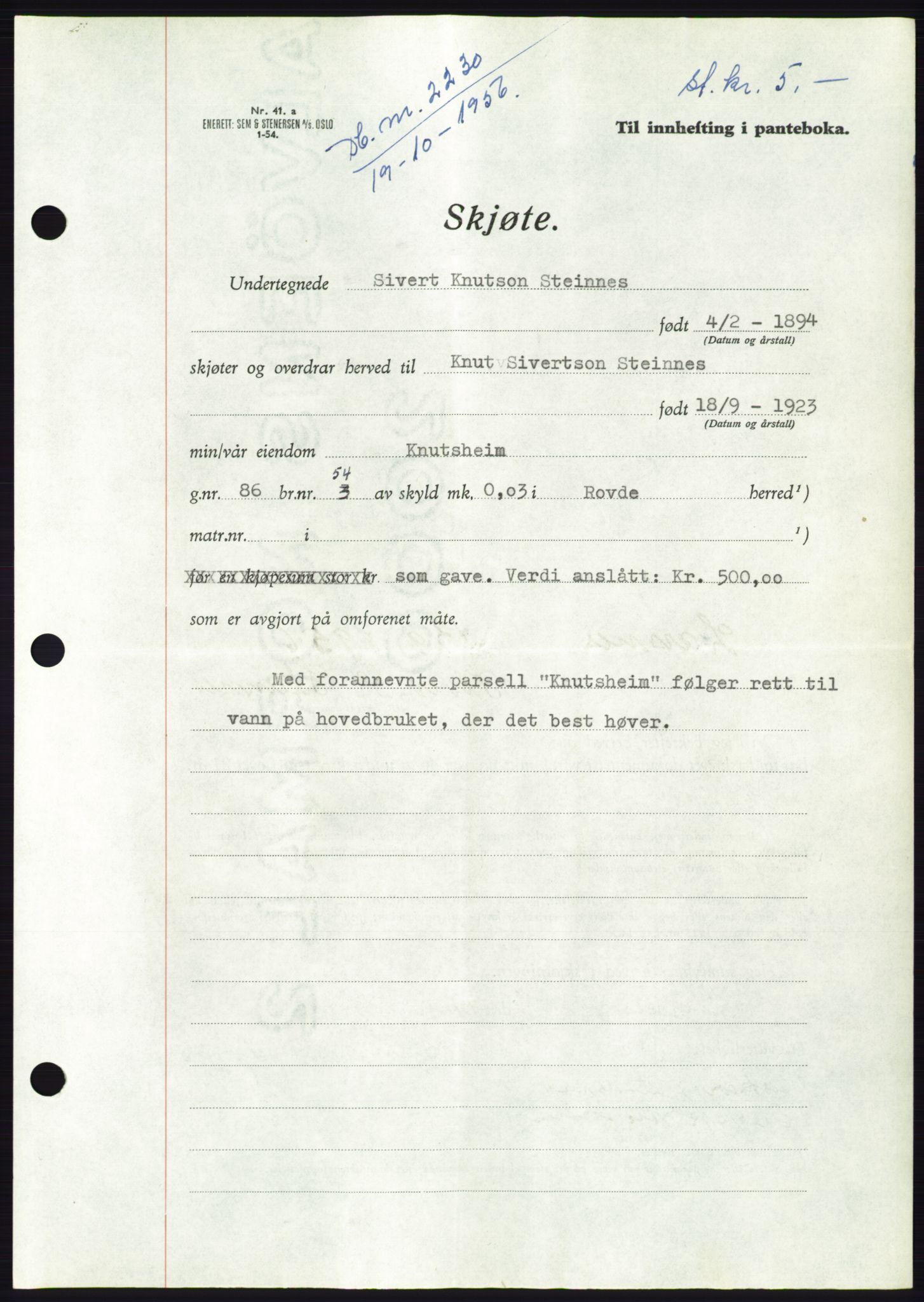 Søre Sunnmøre sorenskriveri, AV/SAT-A-4122/1/2/2C/L0104: Pantebok nr. 30A, 1956-1956, Dagboknr: 2230/1956