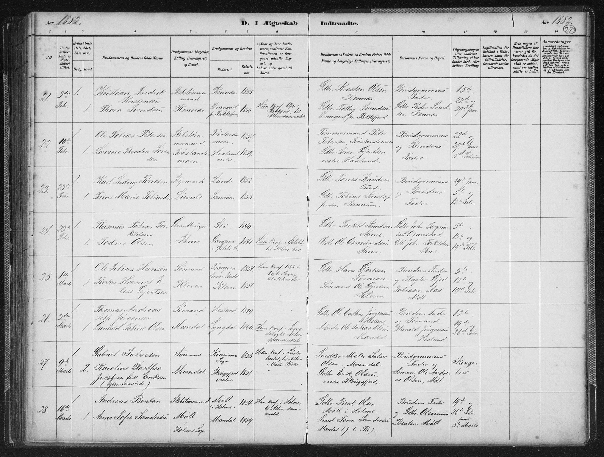 Mandal sokneprestkontor, AV/SAK-1111-0030/F/Fb/Fba/L0011: Klokkerbok nr. B 5, 1880-1898, s. 273