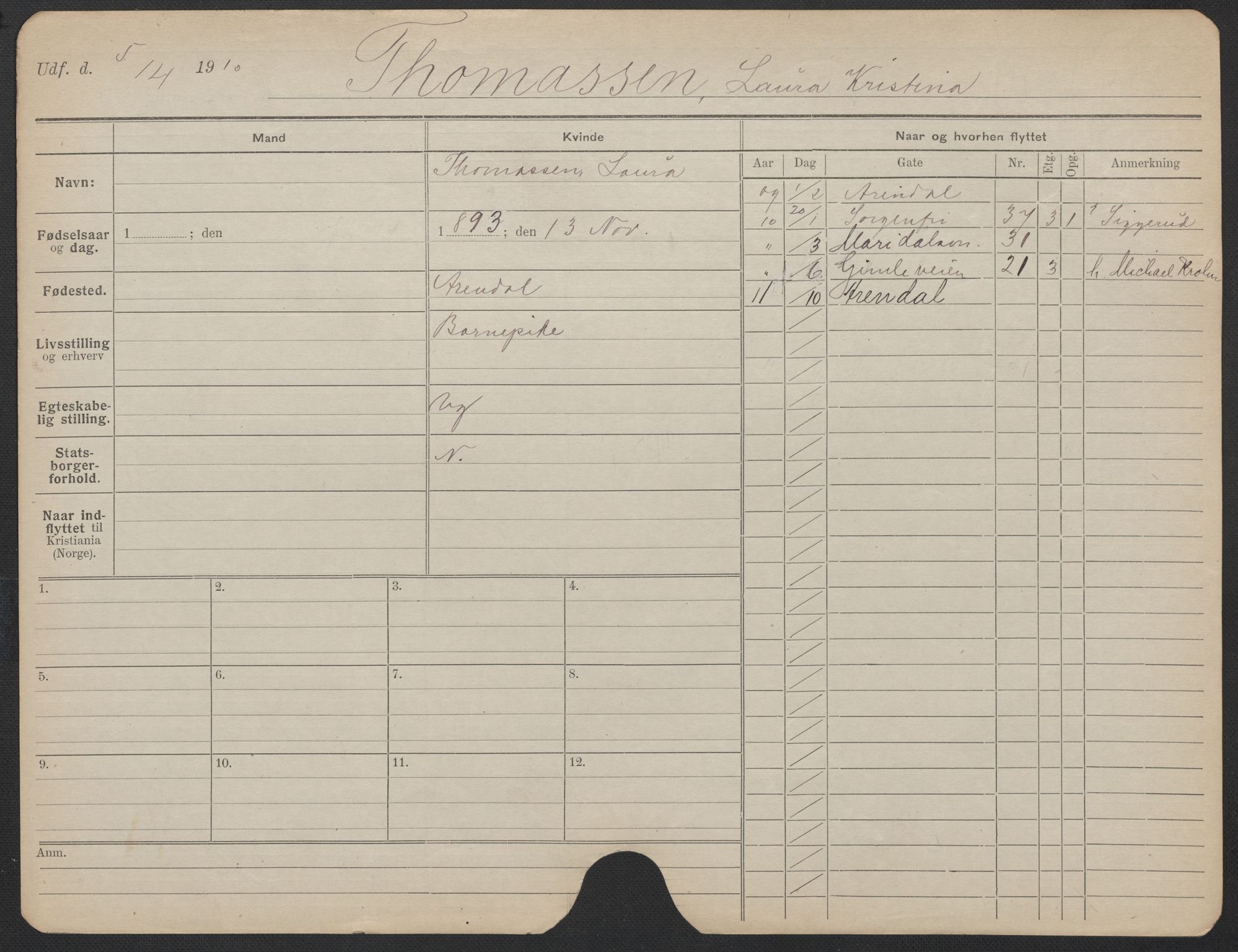 Oslo folkeregister, Registerkort, AV/SAO-A-11715/F/Fa/Fac/L0024: Kvinner, 1906-1914, s. 1174a