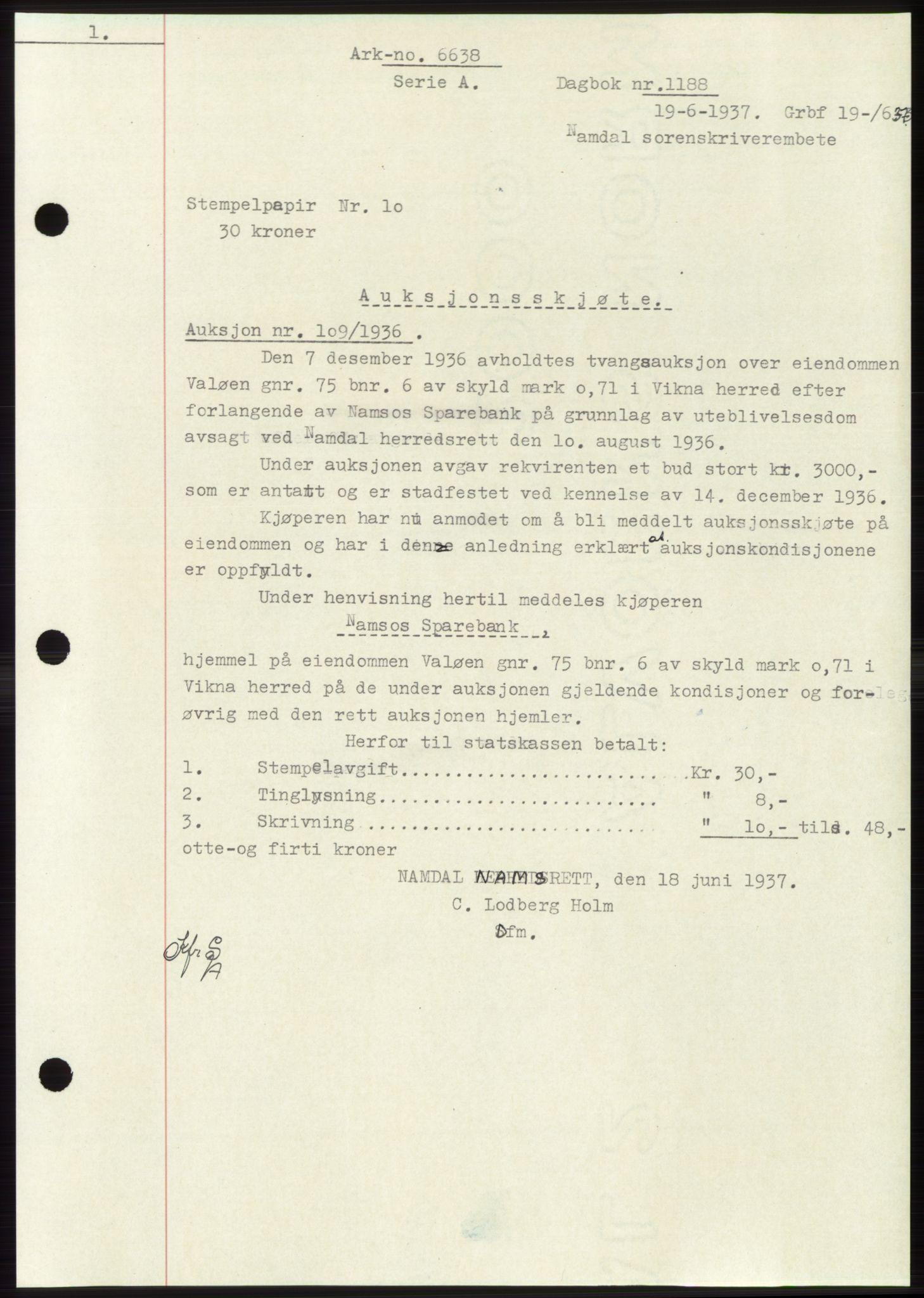 Namdal sorenskriveri, SAT/A-4133/1/2/2C: Pantebok nr. -, 1937-1939, Tingl.dato: 19.06.1937