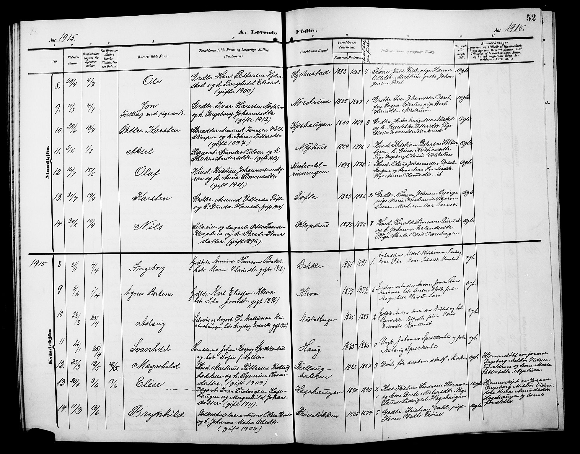 Østre Gausdal prestekontor, AV/SAH-PREST-092/H/Ha/Hab/L0004: Klokkerbok nr. 4, 1905-1923, s. 52
