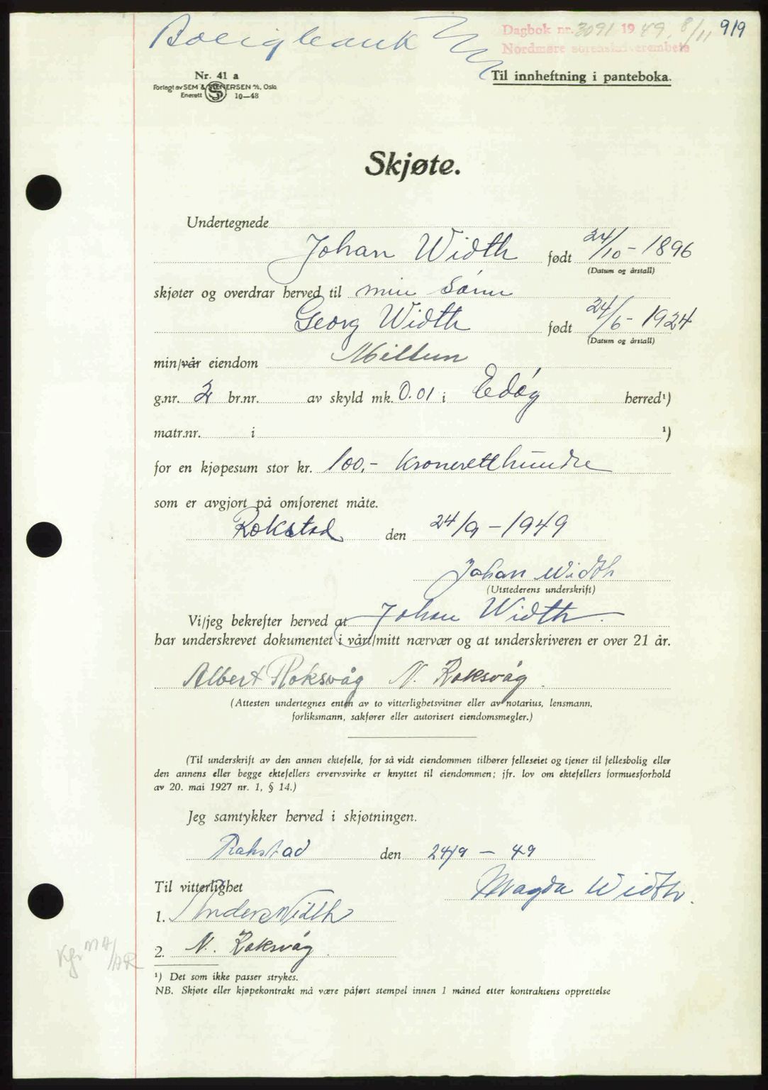 Nordmøre sorenskriveri, SAT/A-4132/1/2/2Ca: Pantebok nr. A112, 1949-1949, Dagboknr: 3091/1949