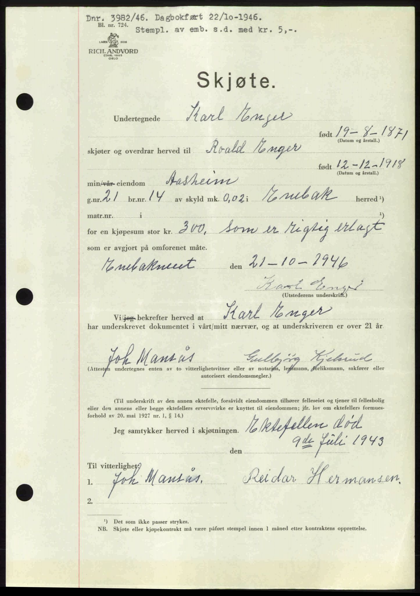Nedre Romerike sorenskriveri, AV/SAO-A-10469/G/Gb/Gbd/L0017: Pantebok nr. 17, 1946-1946, Dagboknr: 3982/1946