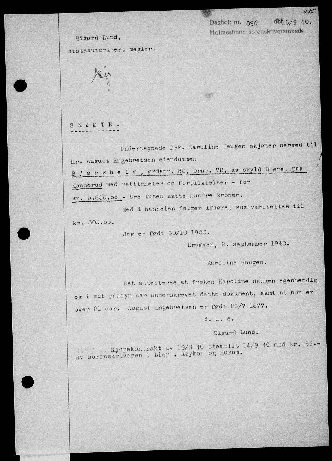 Holmestrand sorenskriveri, SAKO/A-67/G/Ga/Gaa/L0052: Pantebok nr. A-52, 1940-1941, Dagboknr: 896/1940