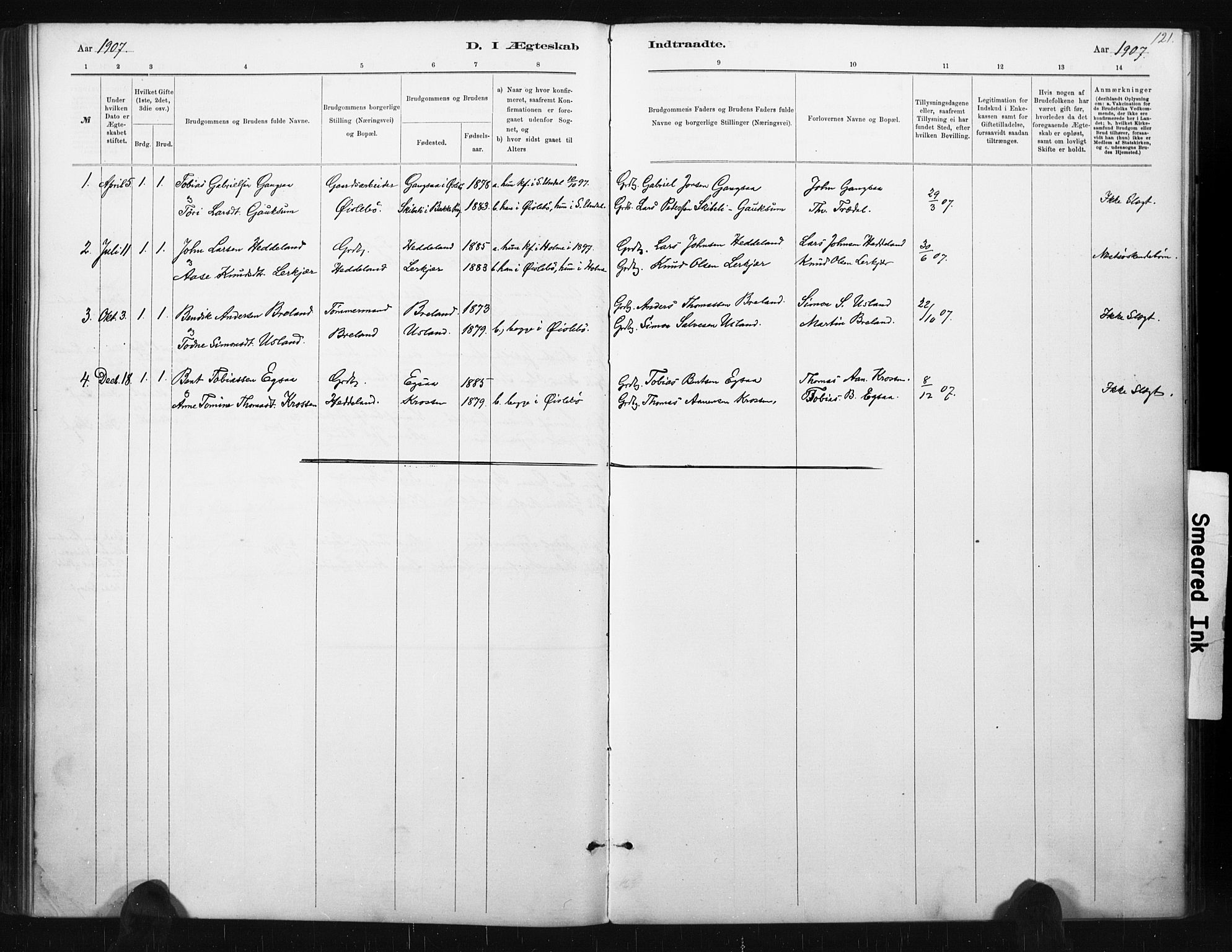 Holum sokneprestkontor, SAK/1111-0022/F/Fa/Fac/L0004: Ministerialbok nr. A 4, 1884-1907, s. 121